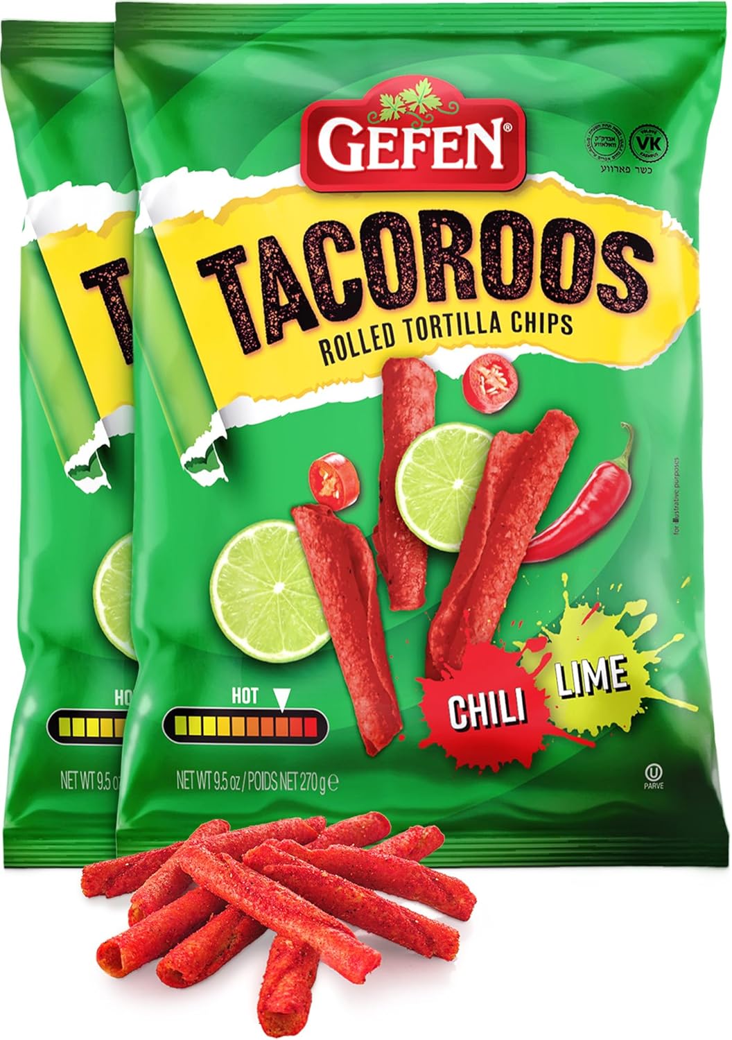 Gefen Chili Lime Tacoroos, Rolled Tortilla Chips, 270g (Pack of 2) | Crunchy & Spicy Chips | Extreme Heat | Party Size