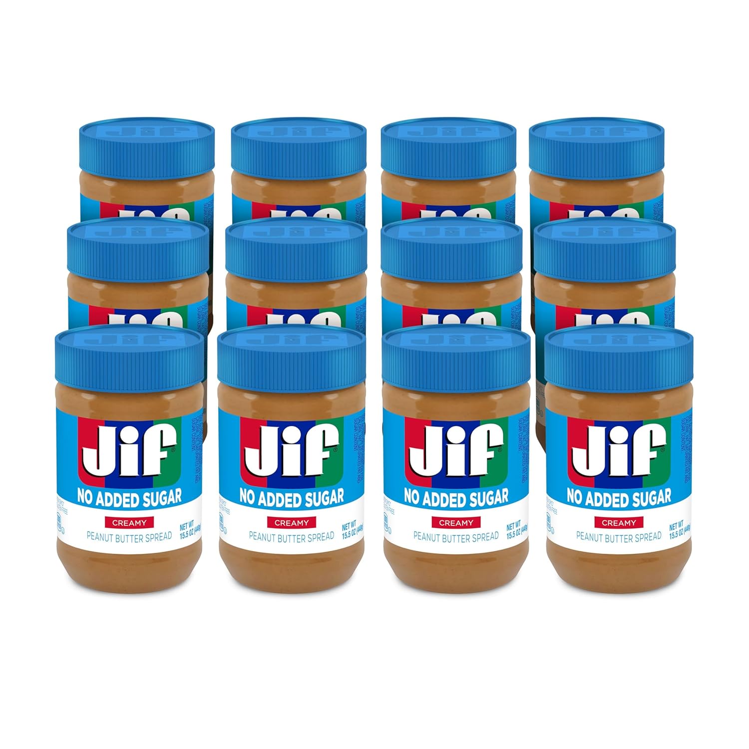 Jif No Added Sugar Creamy Peanut Butter Spread, 15.5 Ounces (Pack of 12), Smooth, Creamy Texture, No Stir Peanut Butter Spread