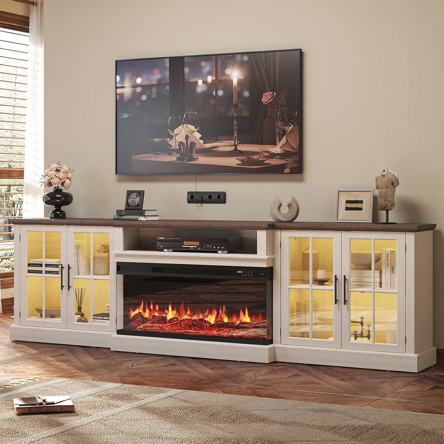 98" Farmhouse TV Stand with 36" Fireplace for TVs up to 100", Media Entertainment Center with Adjustable Shelves and Large Storage Cabinets, for Living Room, White & Black