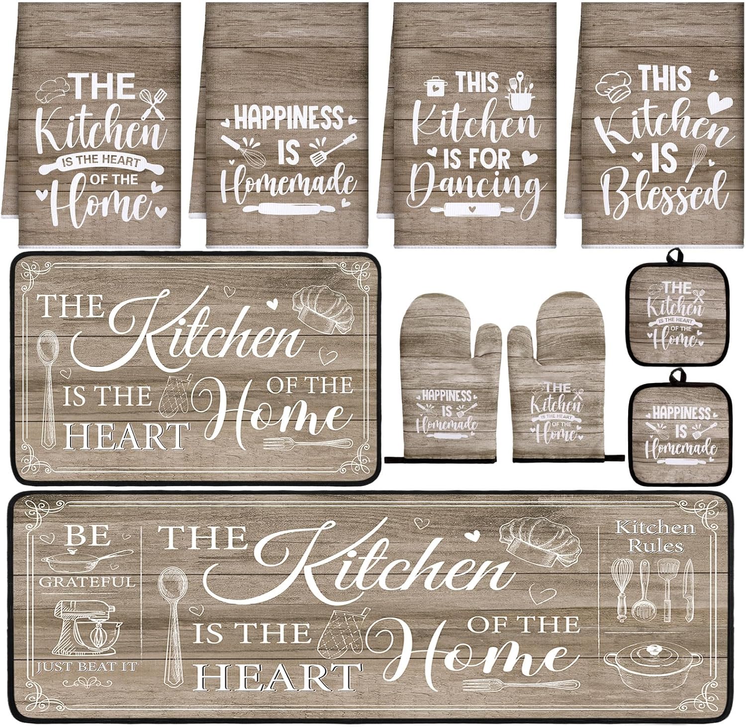 10 Pcs Farmhouse Home Kitchen Decor Set 4 Kitchen Dish Towels 2 Pot Holders 2 Oven Mitt Rustic Rug and Mat for Cooking Baking Daughter Mom Gift Decor(Brown,Classic Style)
