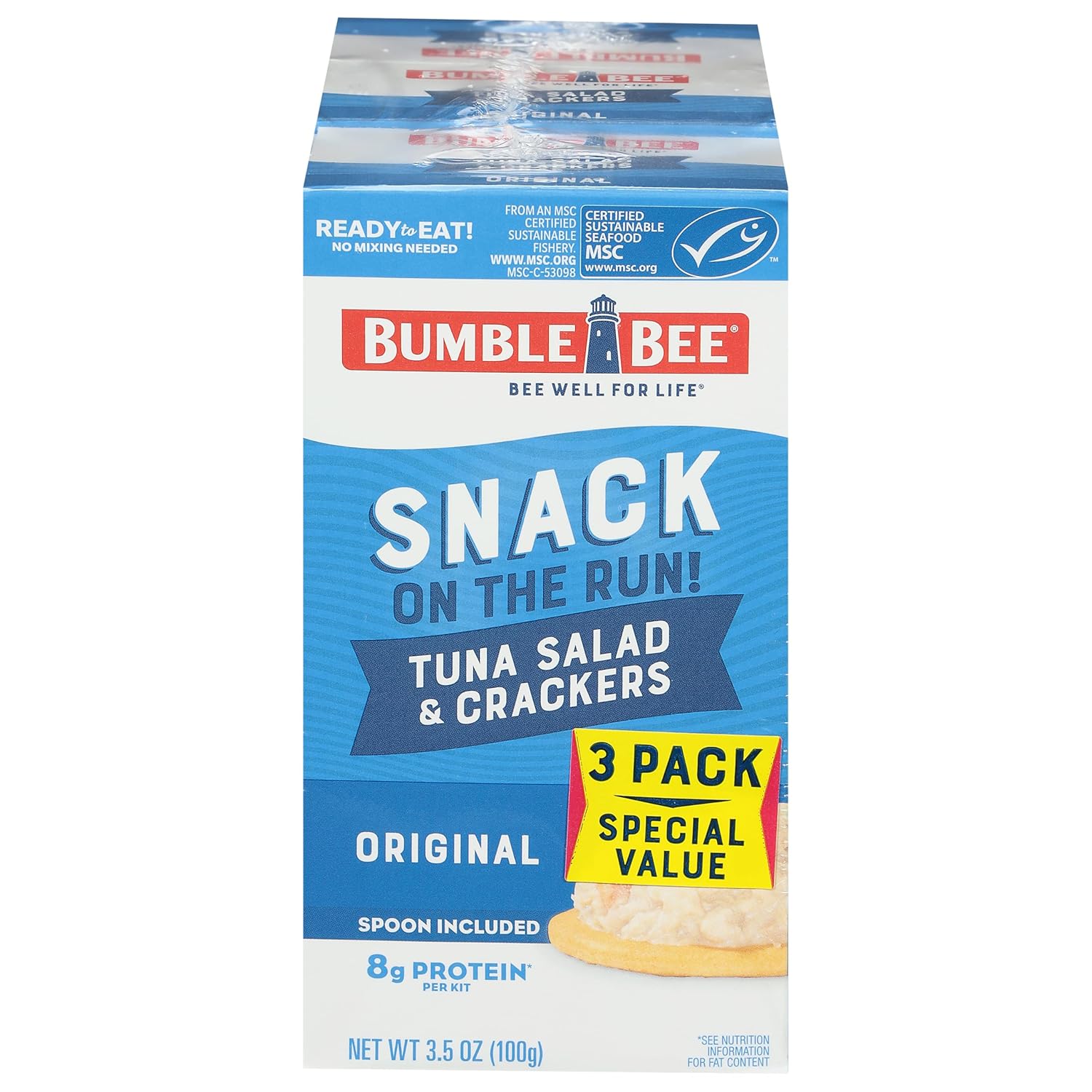 Bumble Bee Snack On The Run Original Tuna Salad with Crackers Kit (Pack of 3) - Ready to Eat Protein Snack Pack - 8g Protein per Box - Wild Caught MSC Certified Tuna