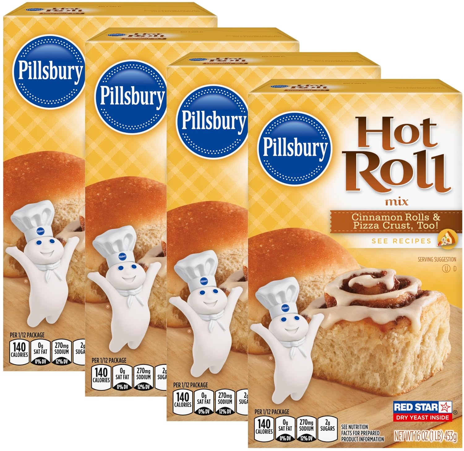 Pillsbury Hot Roll Mix, 16-Ounce Box (Pack of 4) with By The Cup Swivel Spoon
