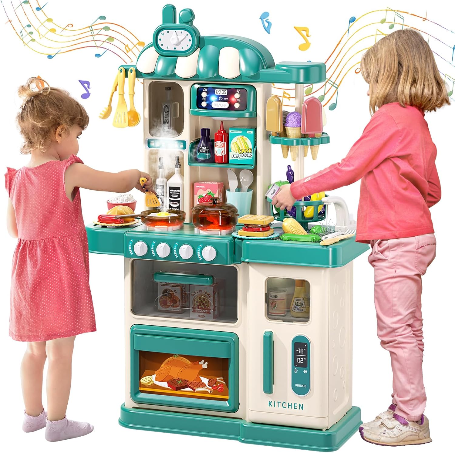 47PCS Kids Kitchen Playset with Sound & Light, Cooking Stove with Steam, Play Sink and Toy Kitchen Accessories - Pretend Kitchen Play Food Toys for Boys and Girls, Toddler Kitchen Set (Green)