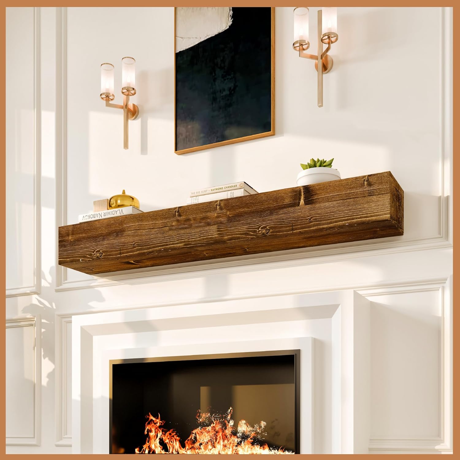 Avana - Rustic Fireplace Shelf 60 Inch Handmade Wooden Mantles for Over Fireplace, Farmhouse Fireplace Shelf Wall Mounted Floating Mantels for Fireplace, 60 x 8 x