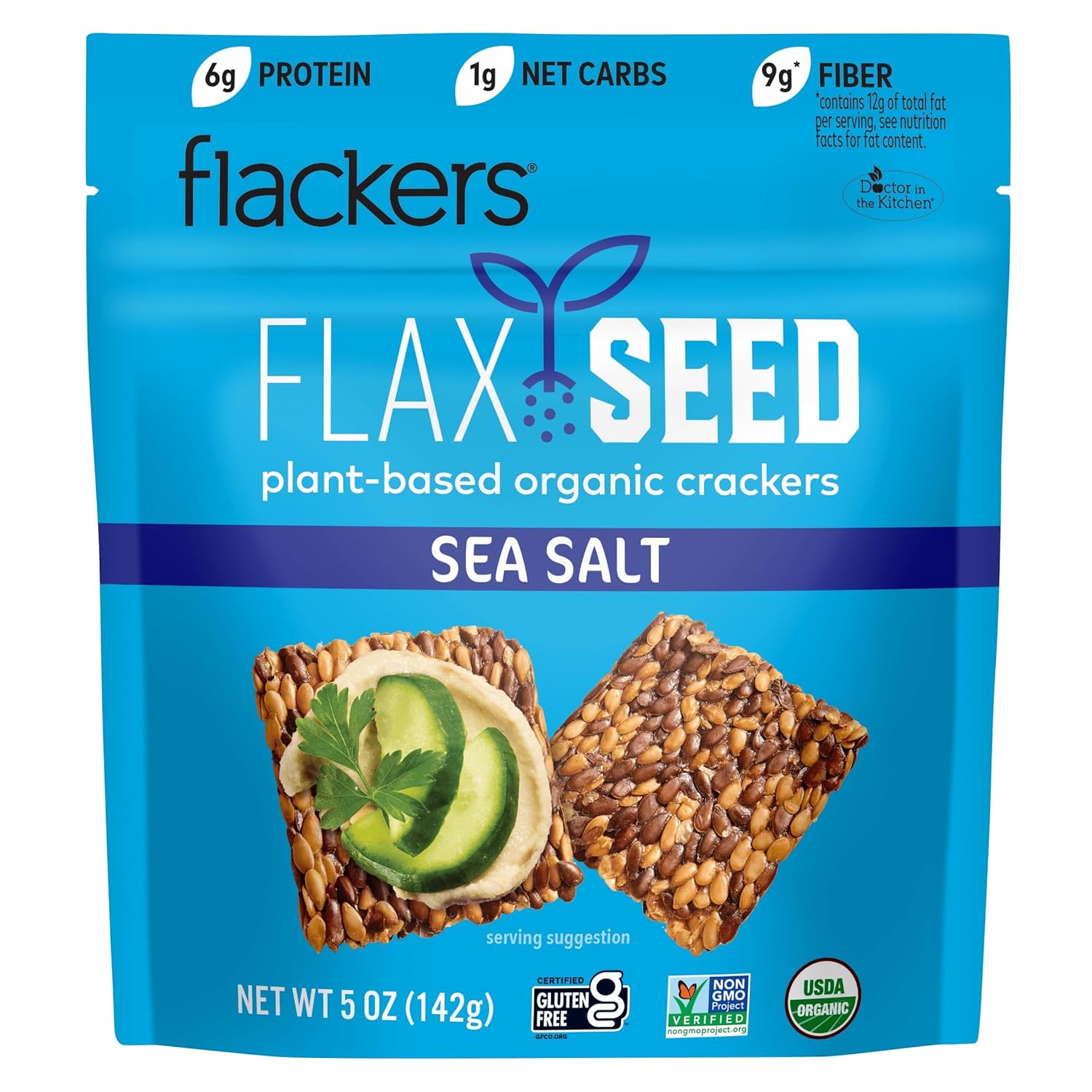Flackers Organic Sea Salt Flaxseed Crackers, 5 Ounce 1-Pack, Gluten Free, Non GMO, Vegan, Keto Snack, 9g Fiber, 1g Net Carb