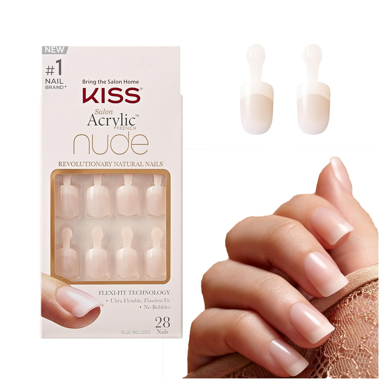 KISS Salon Acrylic Nude French Tip Press On Nails Short, ‘Breathtaking’, Beige, Squoval, Includes 28 Fake Nails, Nail Glue 2g, 1 Manicure Stick, 1 Mini File