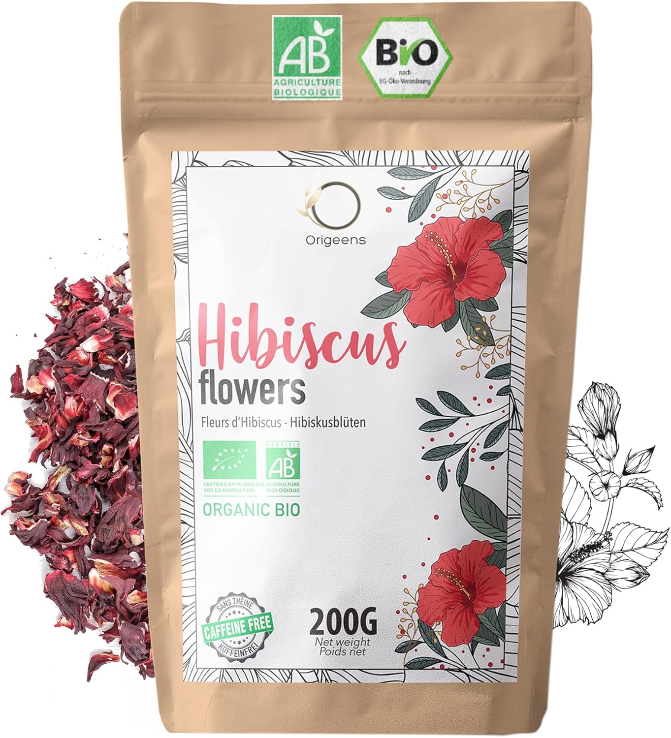 ORIGEENS HIBISCUS TEA Organic 200g Premium Grade | Hibiscus Flower for Infusions, Iced Tea, Karkade | Dried Hibiscus Flowers, Draining Detox Tea