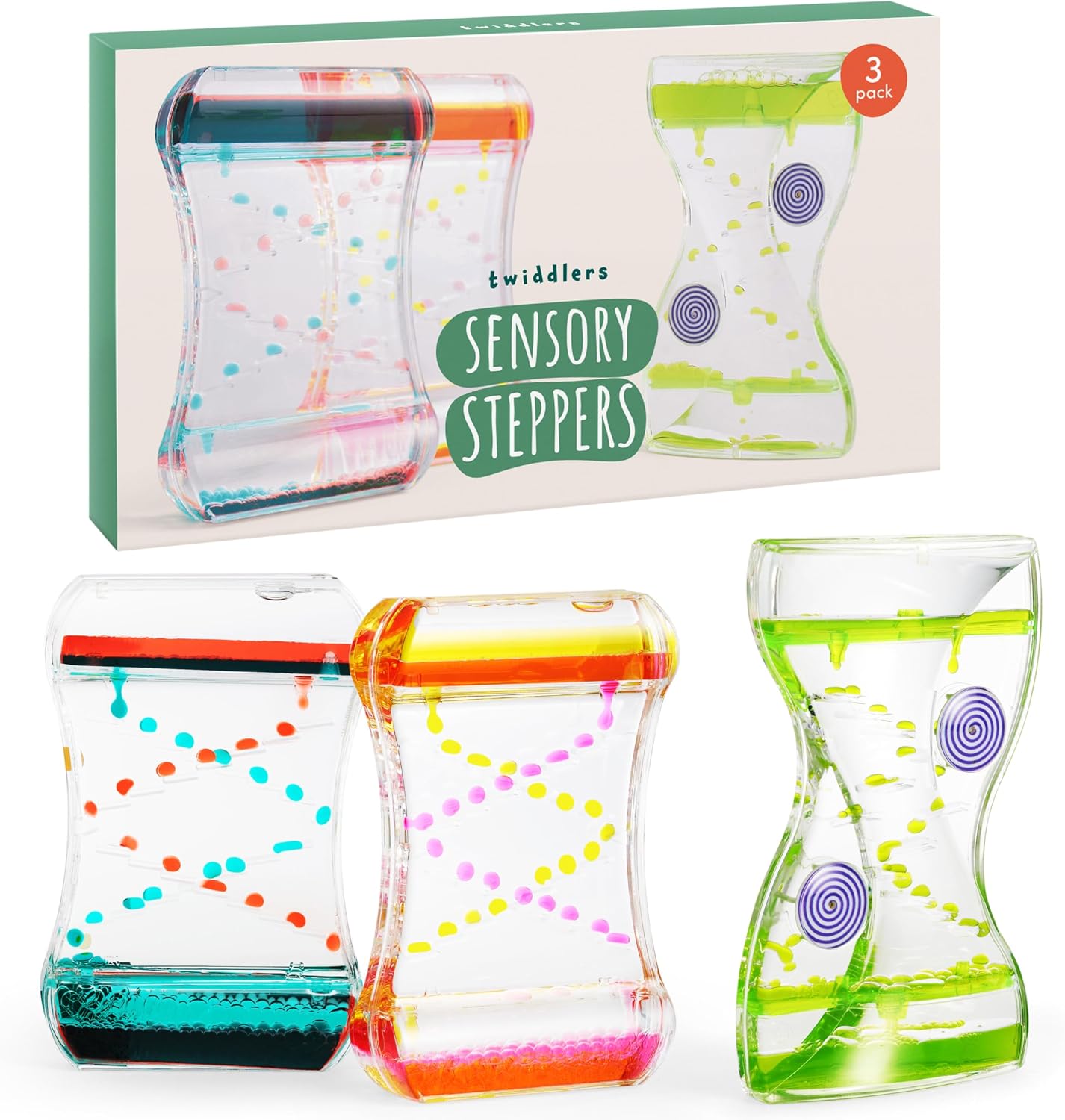 THE TWIDDLERS - 3 Liquid Motion Timers Hourglasses - 14cm, Stepping Designs - Calming Kids Sensory Toys for Stress Relief, Visual Bubble Lava Fidget Toys for Birthday, Autism, Relaxation