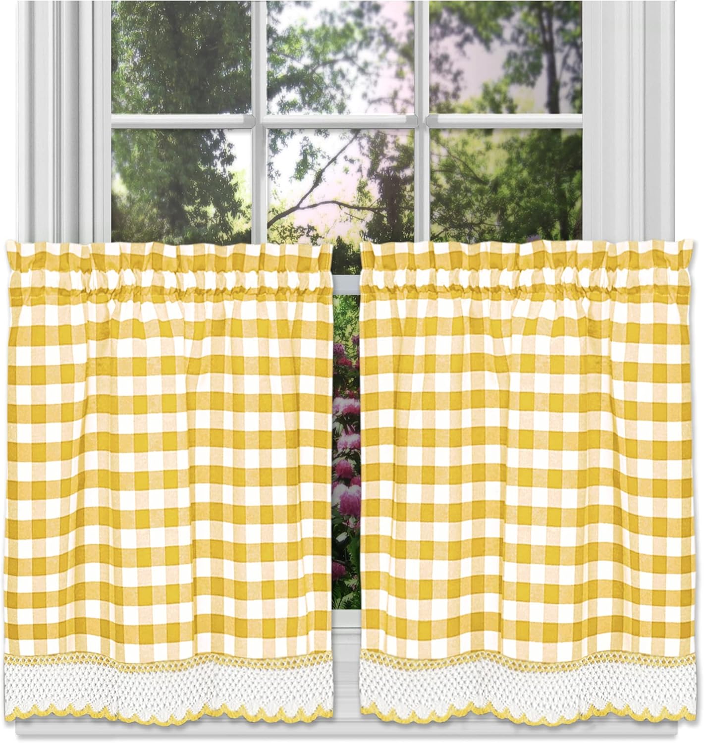 Achim Home Furnishings, Yellow & White Buffalo Check Window Curtain Tier Pair, 58" x 36"