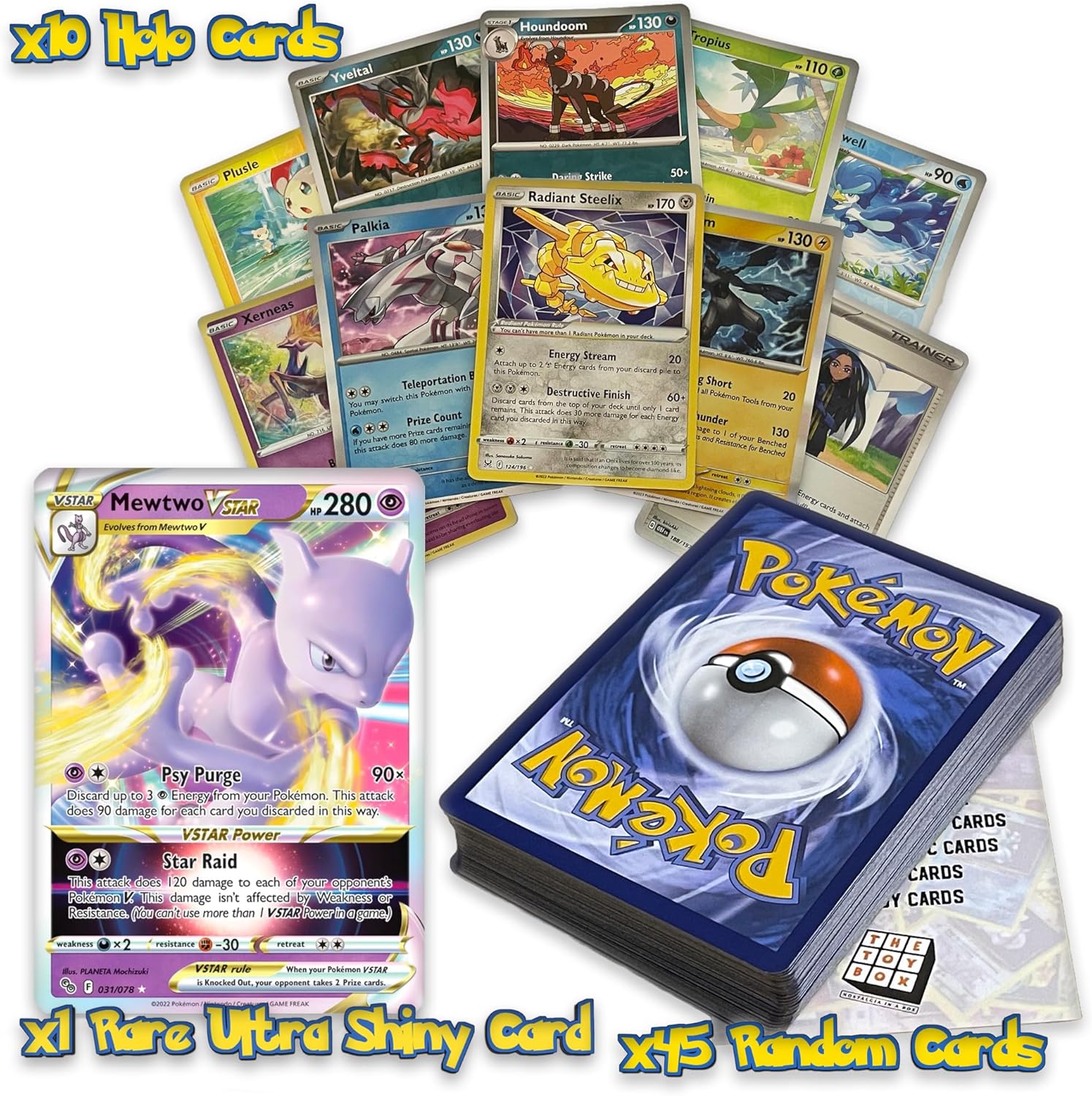 Ultimate Shiny Card Bundle - 50 Random Cards Guaranteed 10 Holos + 1 Rare Ultra Shiny Card Plus The Toy Box® Card Compatible with Pokemon TCG