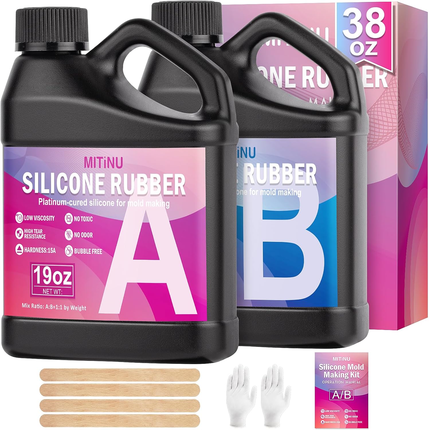 MITINU Silicone Mold Making Kit, 38.8oz 15A Elastic Liquid Silica Gel for Casting Resin molds and Candle & Soap Mold,Fast Cure Translucent Platinum Silicone Rubber