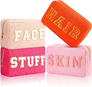 Pinkunn 4 Pcs Preppy Makeup Bags Chenille Letter Patch Bag Face Skin Hair Stuff Aesthetic Cosmetic Bag Corduroy Nylon Cosmetic Bag Birthday Gifts for Women(Cute Color,Corduroy)