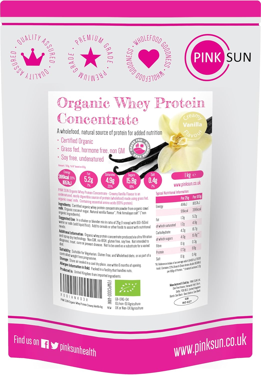 PINK SUN Organic Whey Protein Powder Vanilla Flavour 1kg Concentrate Shake Soy Free Grass Fed Gluten Free Vegetarian Undenatured Non GM Certified Bio UK
