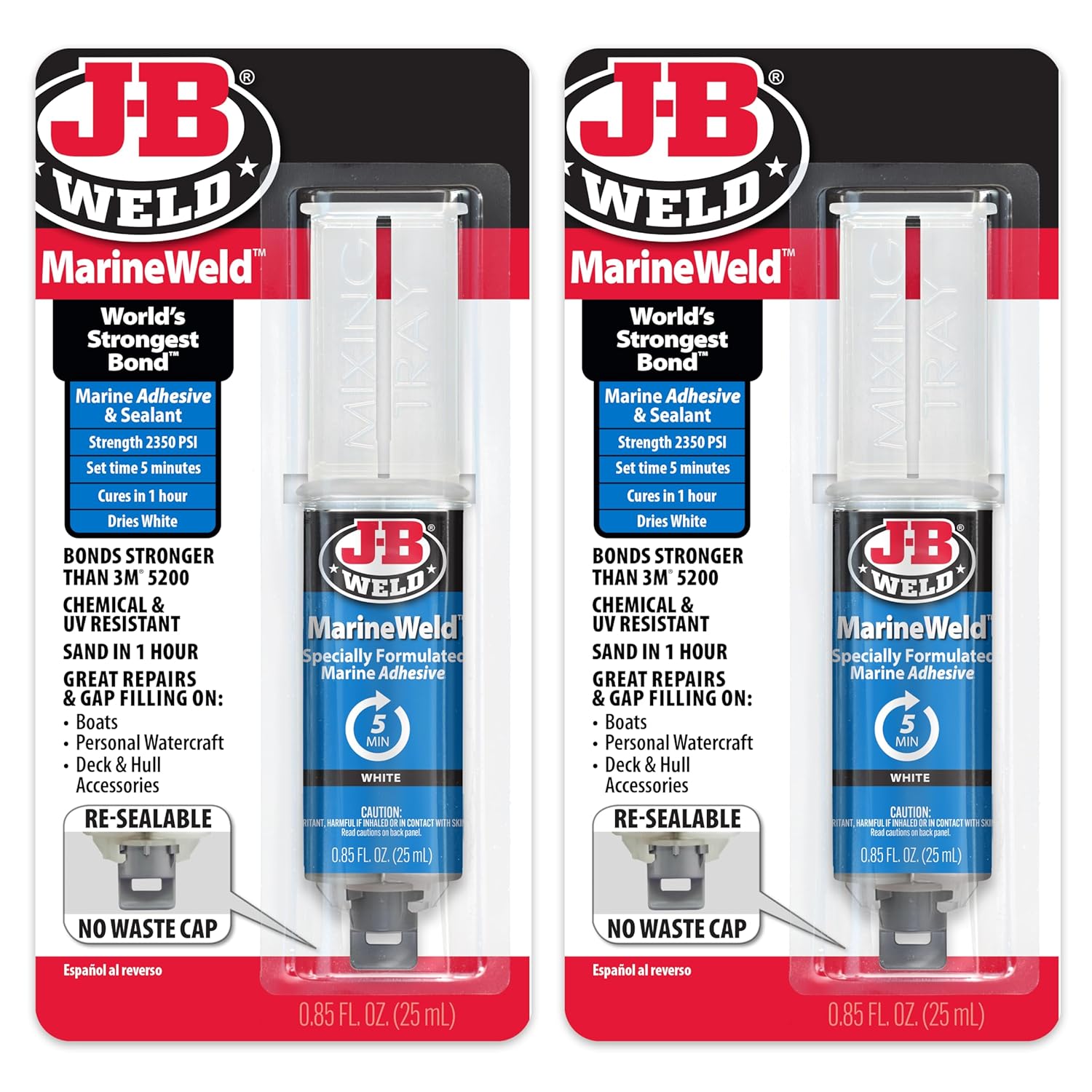 J-B Weld MarineWeld Syringe 2-Pack, White, UV Resistant, High-Strength & Impact Resistant, 25ml 2-Pack, 50172-2