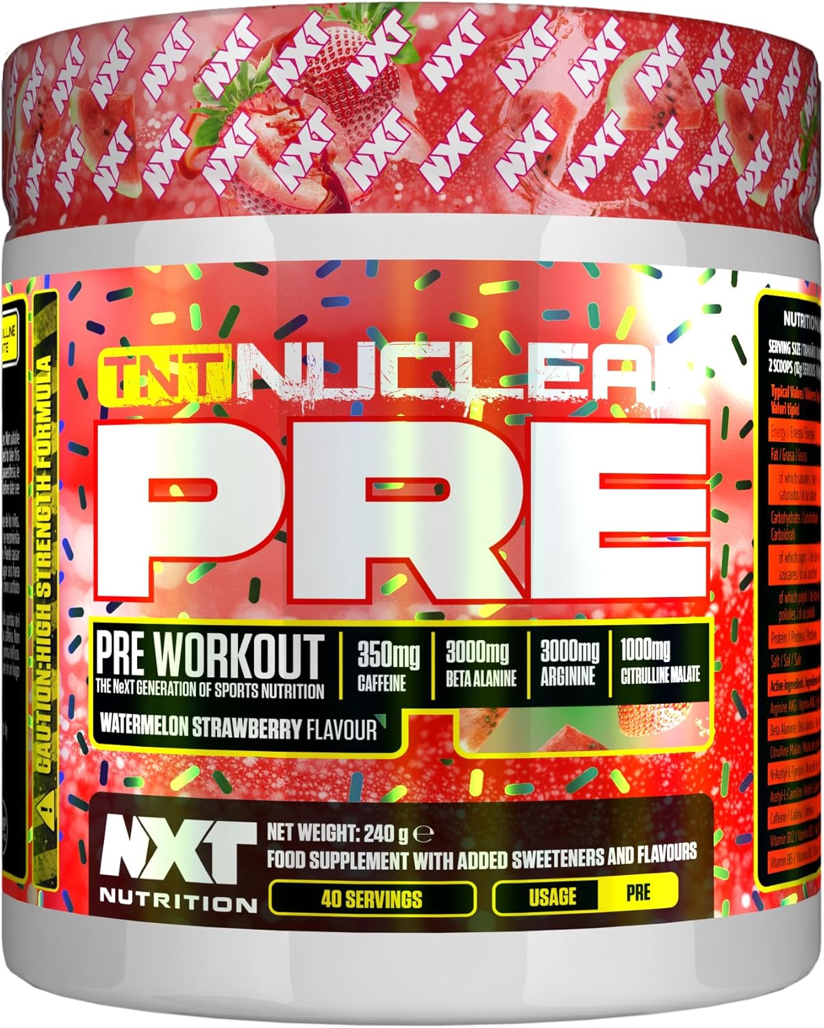 NXT Nutrition TNT Nuclear Pre Workout – Pre Work Out Energy Drink| L-Citrulline, Beta Alanine, Caffeine for Pump, Endurance & Focus - 40 Servings Mixed Candy, Vegan | Glitter | Watermelon & Strawberry