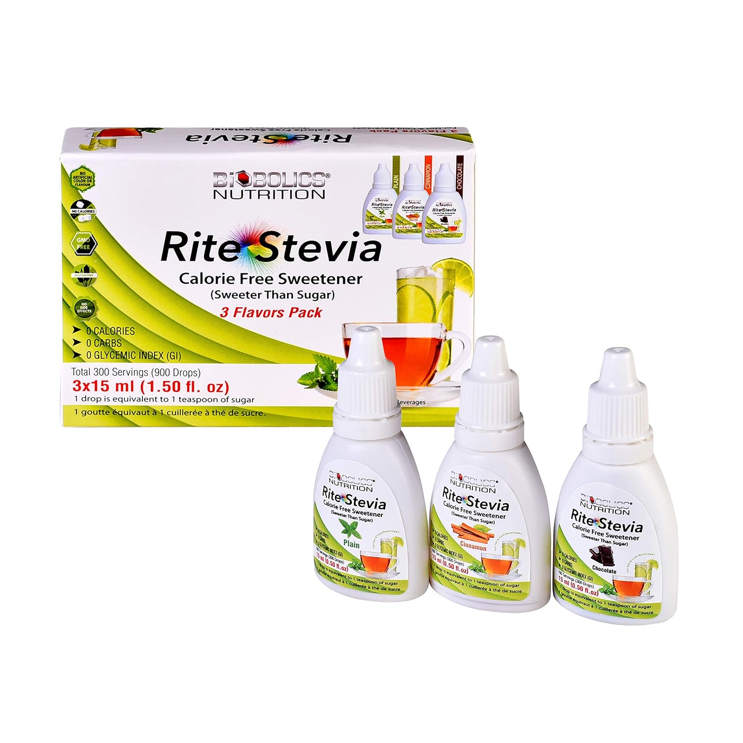 Rite Stevia Liquid Drops Multi-Flavor Combo Pack A : Chocolate, Cinnamon & Plain – No Carb, 0 Cal, Non GMO, Gluten Free, Keto & Diabetic Friendly – 3 x15ml Bottles – Total 300 Servings (900 Drops)