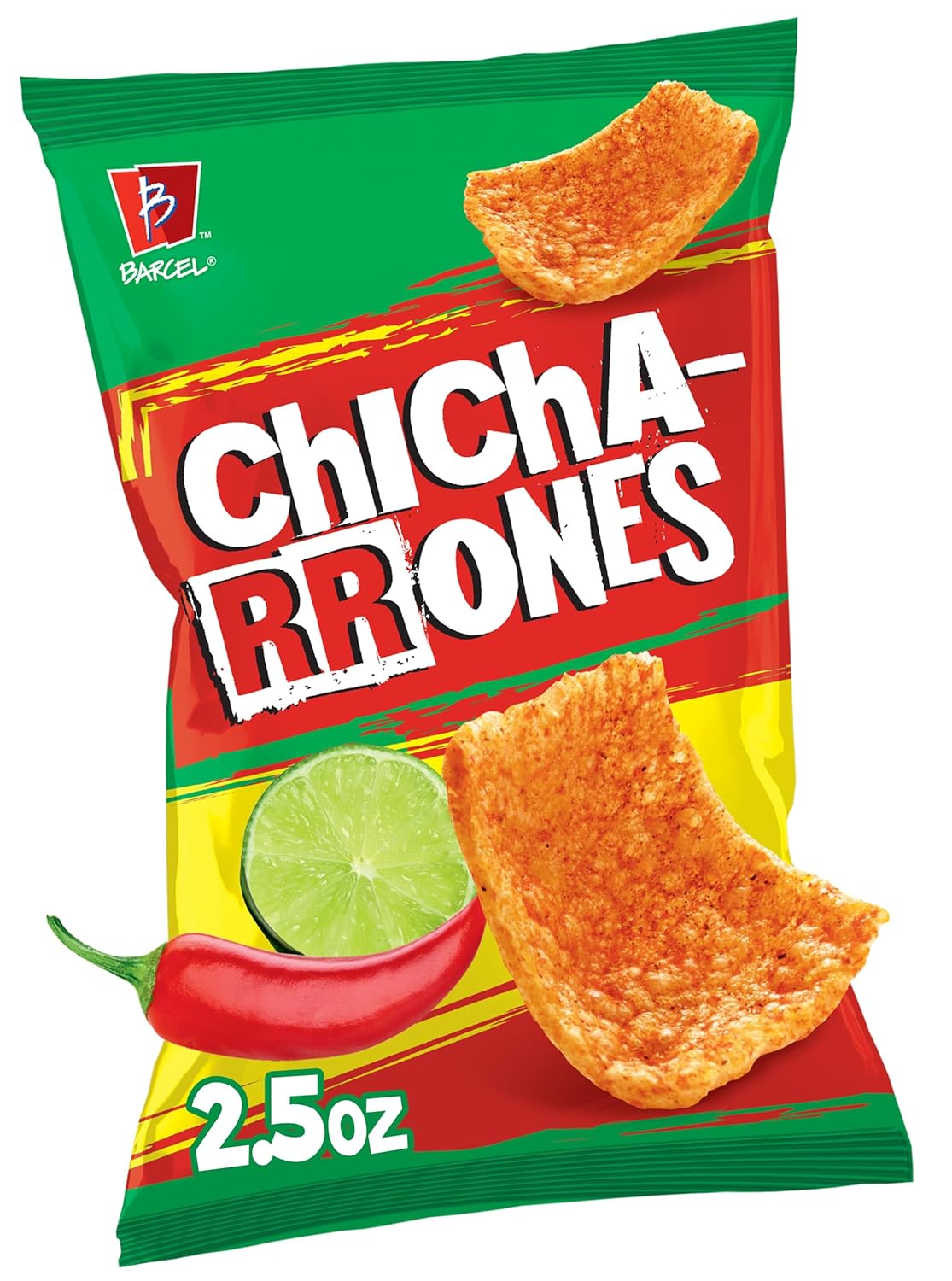 Barcel Chicharrones 12 ct, 2.5 oz Sharing Size Case, Chili Pepper & Lime Flavored Puffed Wheat Snack