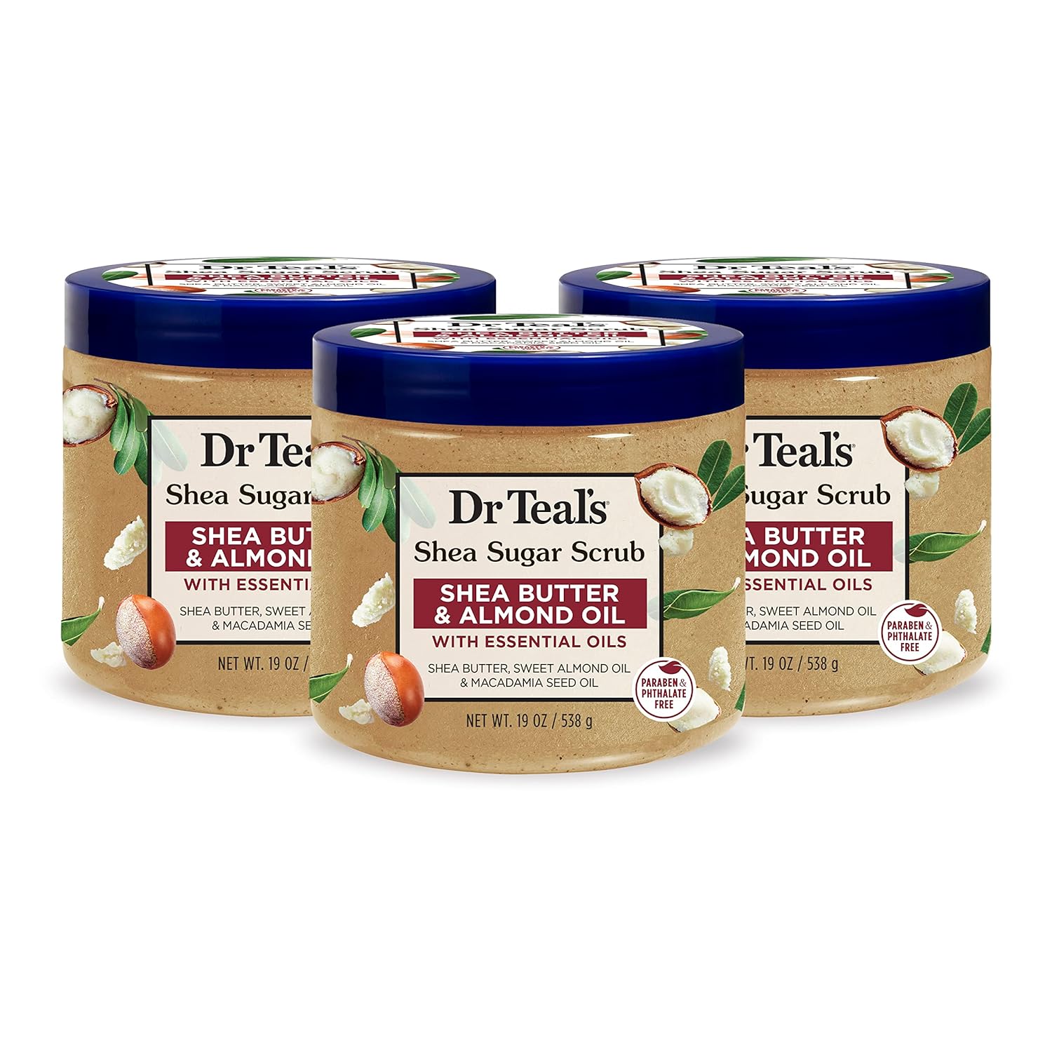 Dr Teal's Shea Sugar Body Scrub, Shea Butter with Almond Oil & Essential Oils, 19 oz (Pack of 3) (Packaging May Vary)