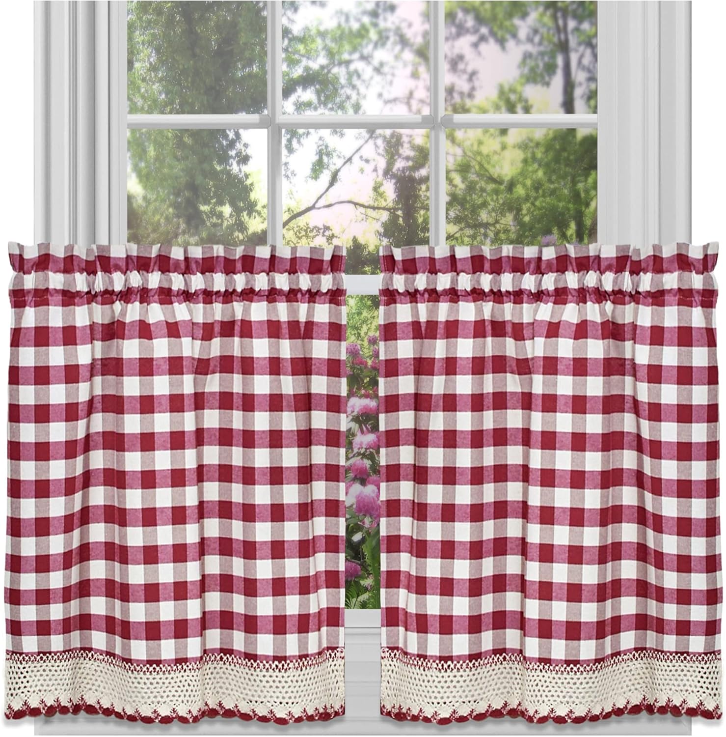 Achim Home Furnishings Tier Pair Buffalo Check Window Curtain, 58" x 24", Burgundy & Ivory