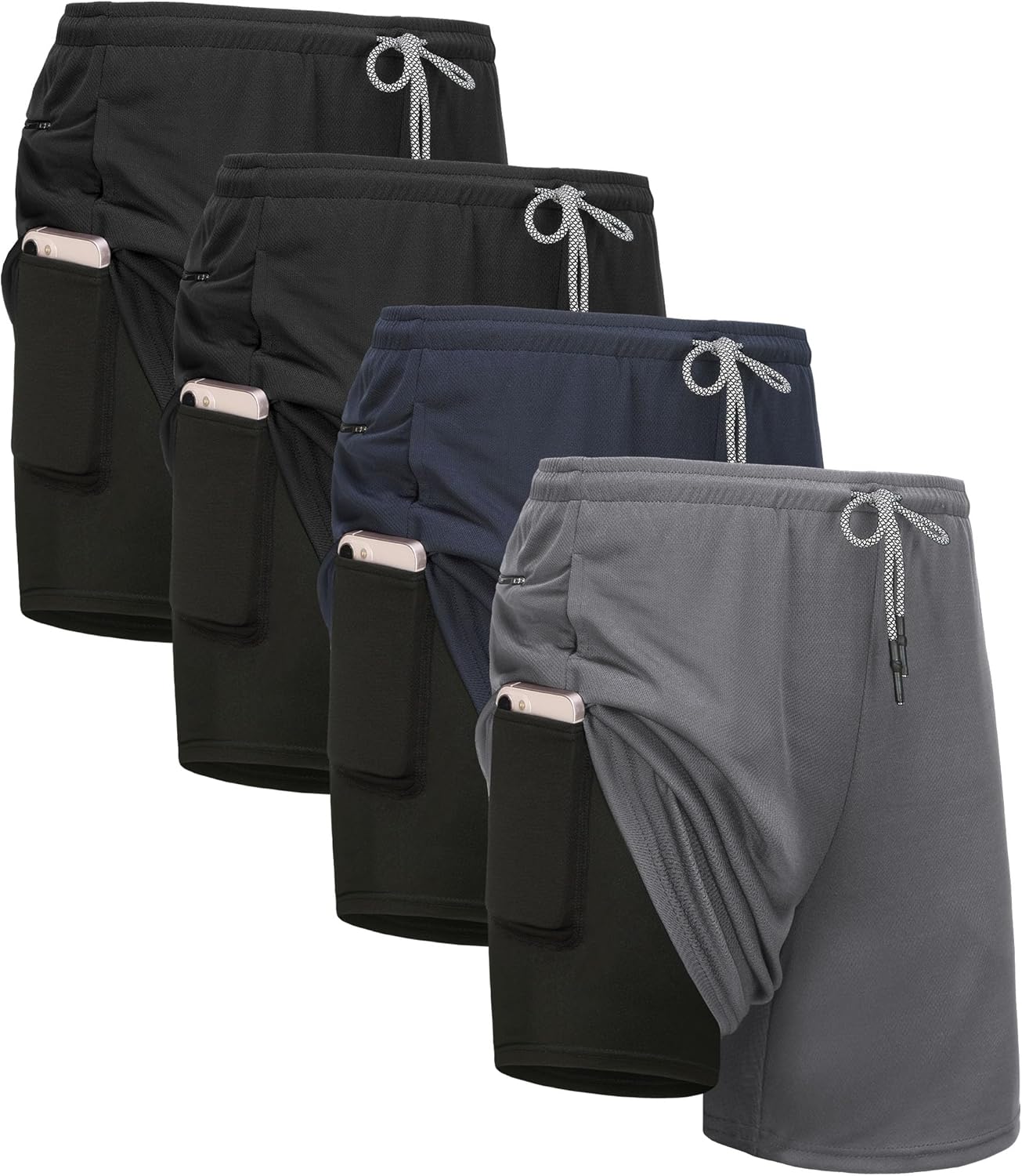 4 Pack Mens 2 in 1 Running Workout Shorts with Liner, Gym Athletic Quick Dry Sport Shorts with Pockets