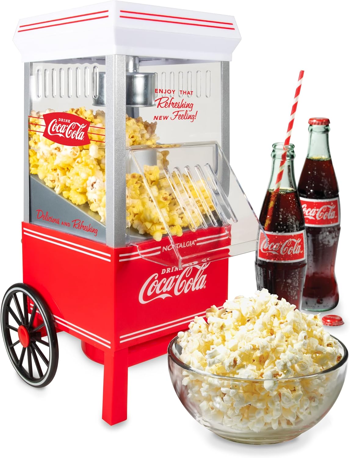Nostalgia Vintage Coca-Cola Hot-Air Popcorn Maker Machine - Makes Up to 12 Cups - Oil-Free - Healthier Popcorn - Classic Stand-Up Cart With Wheels - Includes Kernel Measuring Cup - White & Red