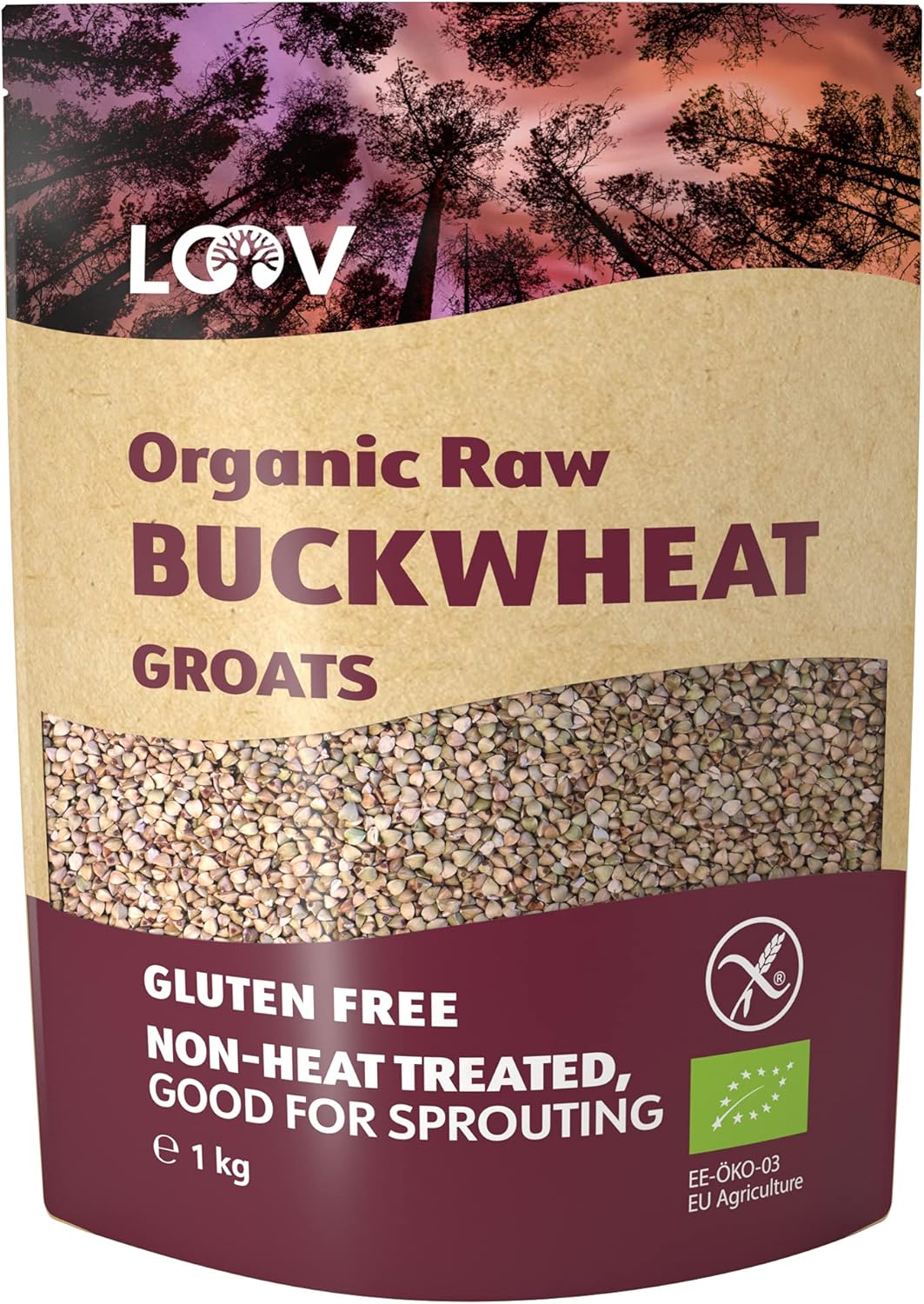 LOOV Organic Buckwheat Groats Gluten Free, 1 kg, Raw, not Heat-Treated, All Nutrients Preserved, Delicious Nutty Flavour, Good for Sprouting, Organically Grown in Nordic Climate, non-GMO