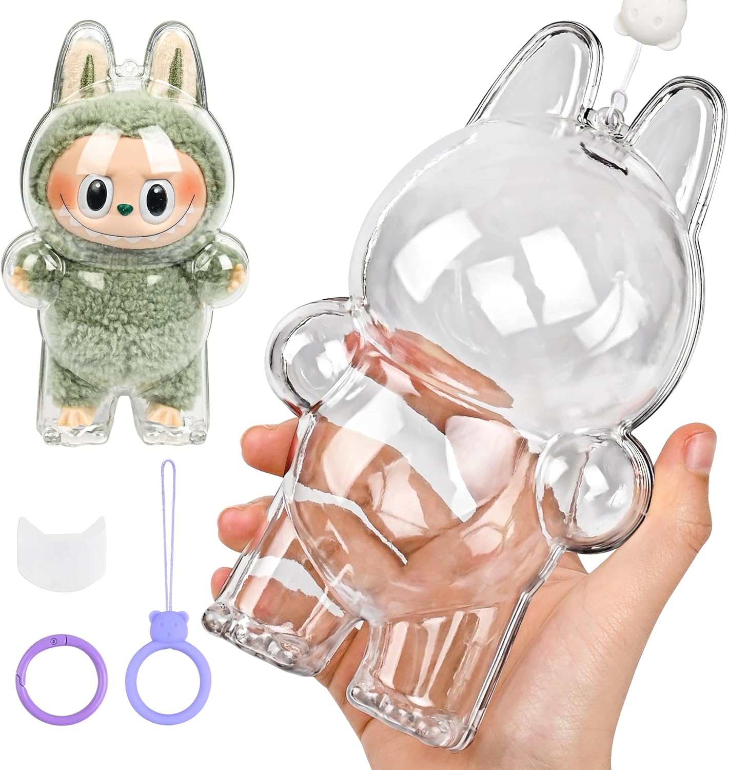 1-Pack Clear Protective Cases for LABUBU Monsters Exciting Figures-Includes Independent Hanging Kit & Dual Stabilization Tape
