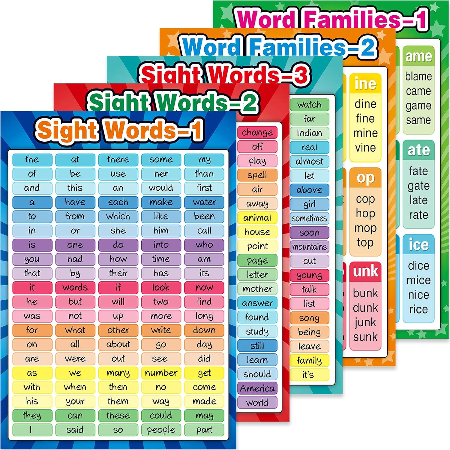 Outus Educational Posters Sight Words and Word Families Sight Words Posters Educational Charts, Classroom Decorations Learning Charts for Preschool, Kindergarten, Nursery, Homeschool, Playroom Decor