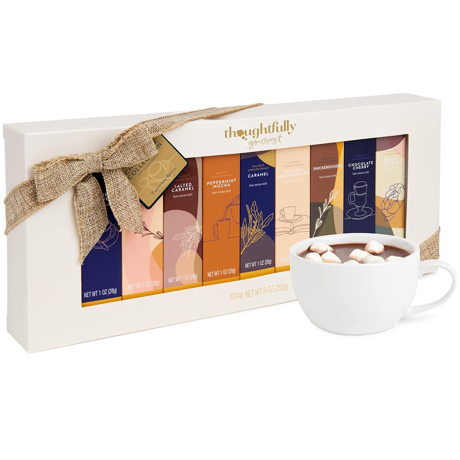 Gourmet Hot Chocolate Gift Set, Flavors Include Salted Caramel, Peppermint, French Vanilla and More, Packaged in Gift Box with Bow, Set of 9