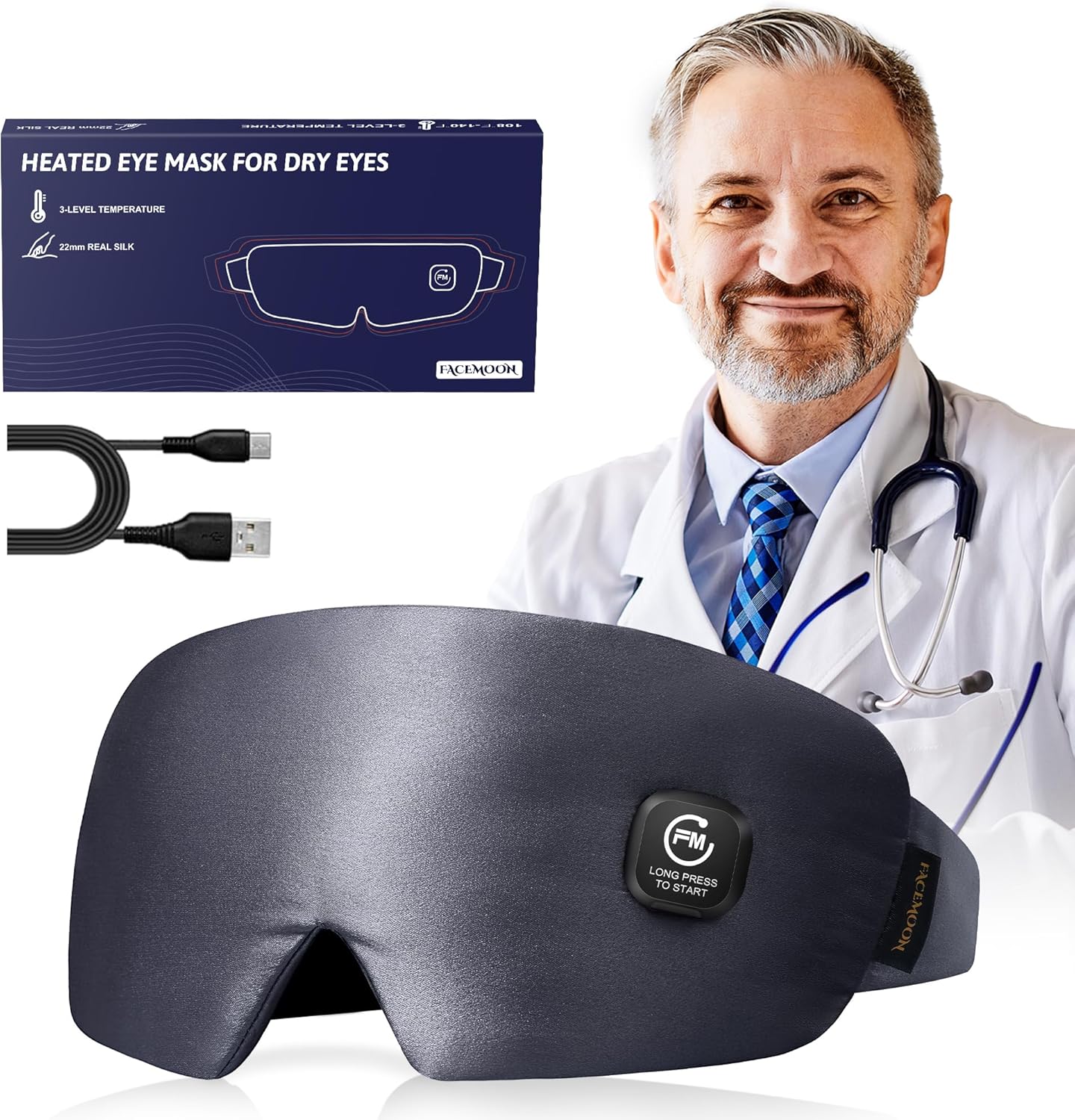 Heated Eye Mask Warm Compress: Silk Cordless Heating Pad for Dry Eyes - Rechargeable Moist Heat Masks for Stye Treament Headache Sinus Pressure Relief - Washable Elective Hot Warmer