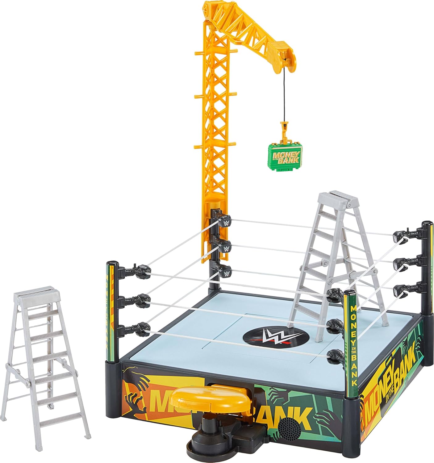 WWE Money In The Bank Cash-In Ring Playset with 2 Play Modes & 40+ Sounds & Phrases, Includes Launcher Crane, Ladders & Briefcase, 13-Inch x 20-Inch, JGR83