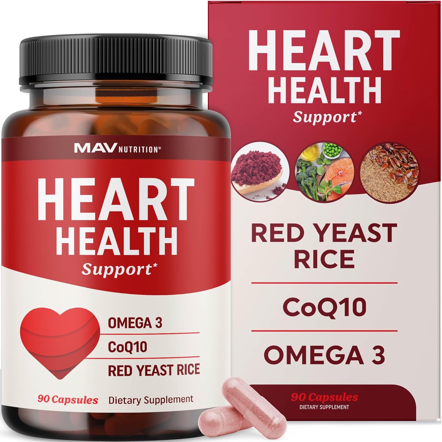 Red Yeast Rice with CoQ10 + Omega 3 for Healthy Cholesterol Support | 1200mg | Heart Health Support | Red Yeast Rice 1200 mg. Capsules | Non-GMO, Gluten-Free | Heart Health Supplements | 90 Ct