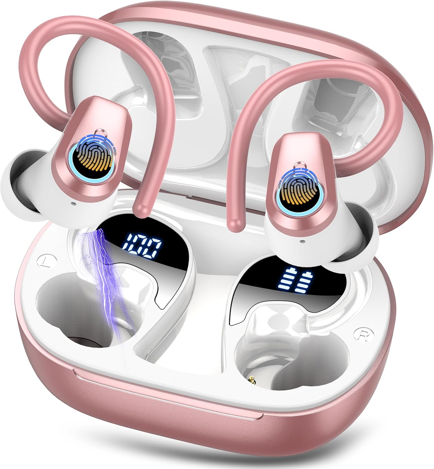 Wireless Earbuds, Bluetooth 5.3 Headphones with 4 ENC Noise Canceling Mic, 50H Stereo Dual LED Display Ear Buds, Sport Bluetooth Earphones with Earhooks, IP7 Waterproof Wireless Headphones, Rose Gold