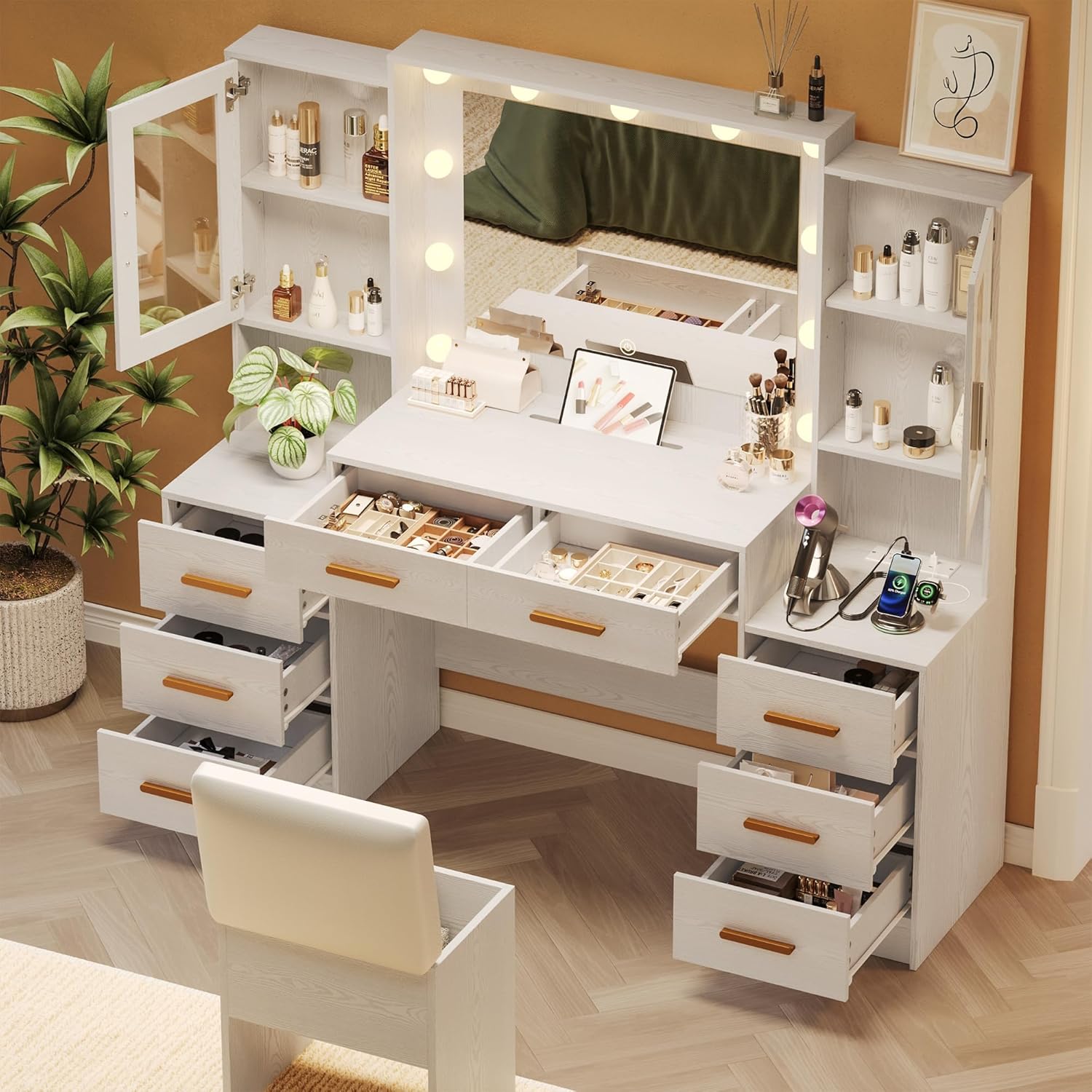 58.4" Large Makeup Vanity with Mirror, Vanity Set with Stool Lights 8 Drawers 2 Glass-Door Cabinets Power Outlet Phone Groove Vanity with Chair Makeup Vanity Desk for Bedroom Dressing Room, White