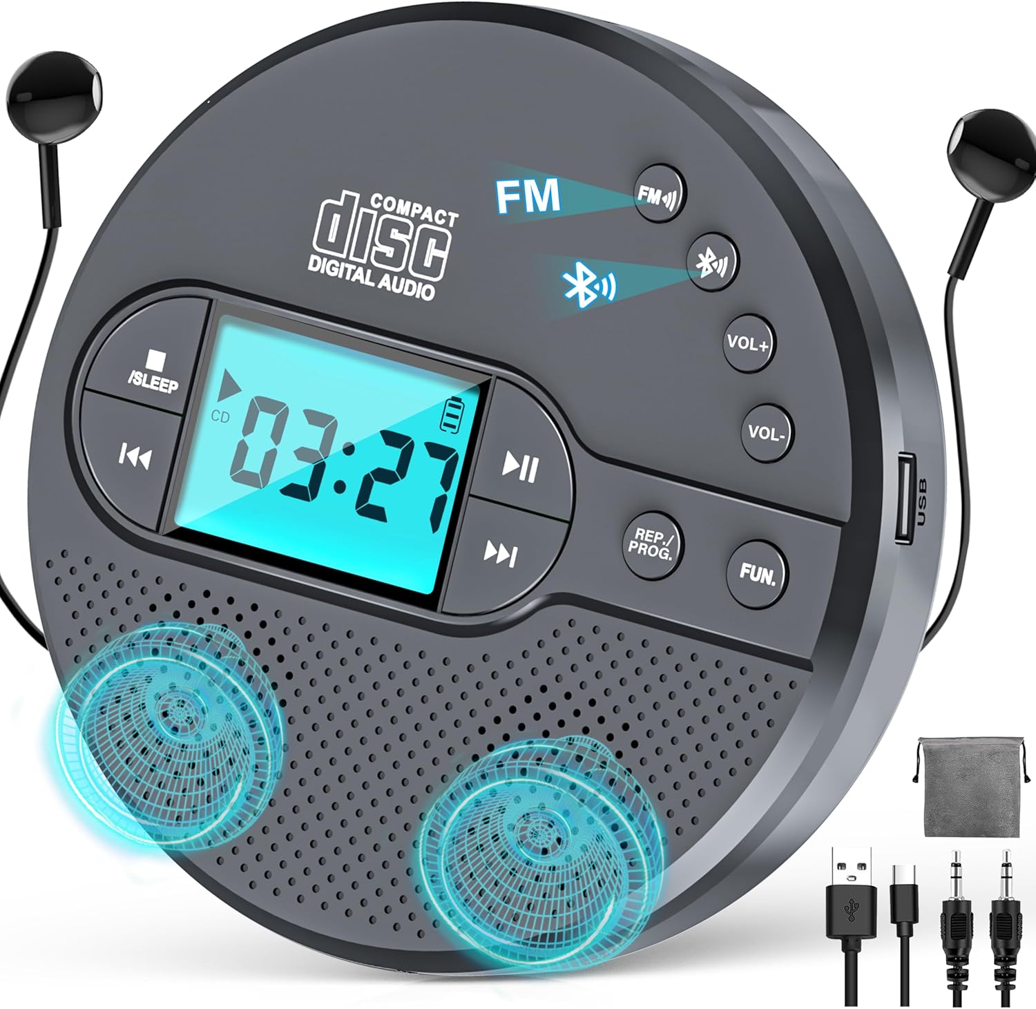 2000mAh Rechargeable Discman CD Player:Walkman CD Player with Bluetooth FM Transmitter,Headphones,LCD Screen,AUX,Built-in Speaker,USB-Portable Personal CD Player Anti-Skip Protection for Car(Grey)
