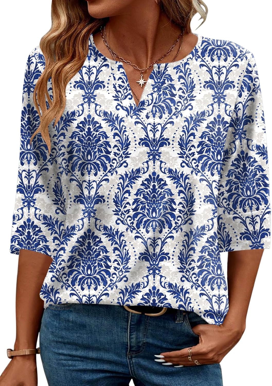 AKEWEI Women's V Neck 3/4 Sleeve T Shirts Summer Top Dressy Casual Basic Tees Shirt Tunic Blouses