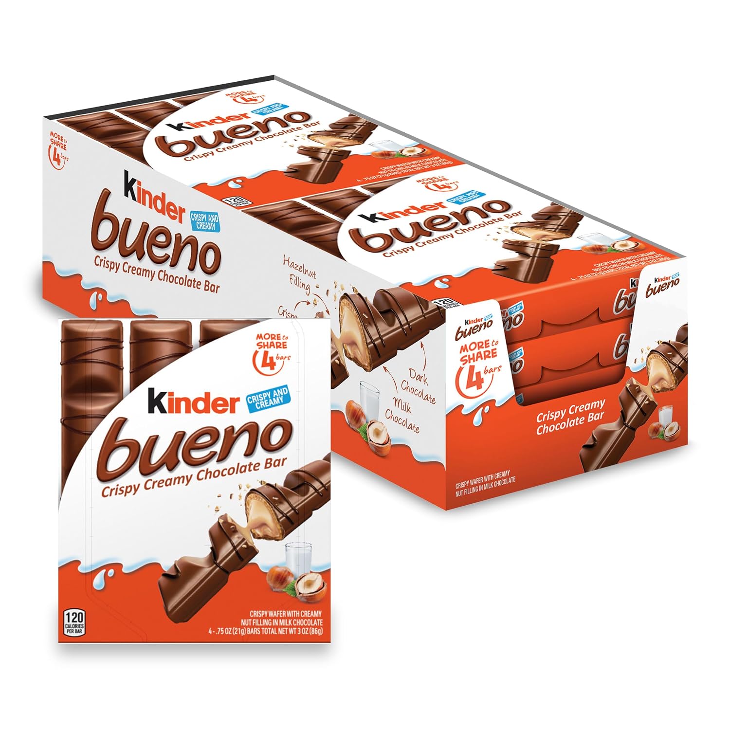 Kinder Bueno Milk Chocolate and Hazelnut Cream, 8 Pack, 4 Bars, 3 oz Each