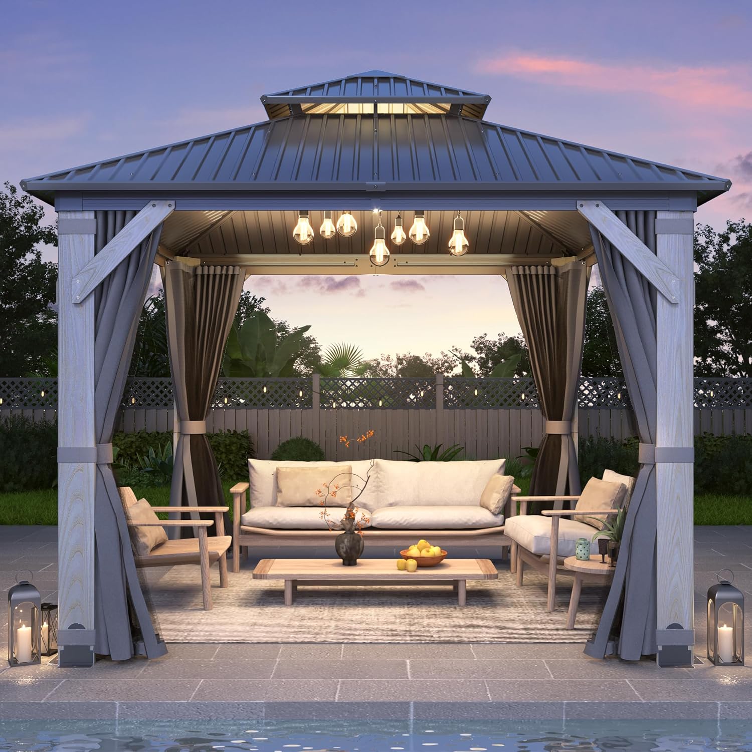 10' x 10' Outdoor Wood Gazebo - Permanent Wooden Hardtop Gazebo Pavilion with Double Curtains, Galvanized Steel Roof Cedar Wood Gazebos for Garden, Lawn, Poolside, Backyard Deck