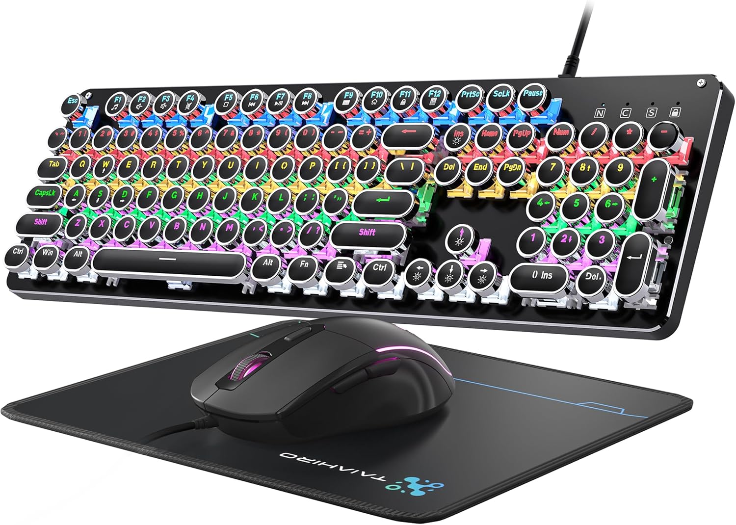 Typewriter Mechanical Gaming Keyboard and Mouse, 104-Key Full Size Retro Keyboards Metal Panel Punk Round Keycap Clicky Blue Switch with RGB Backlit Mouse and Pad Combo for PC Laptop Mac Gamer, Black