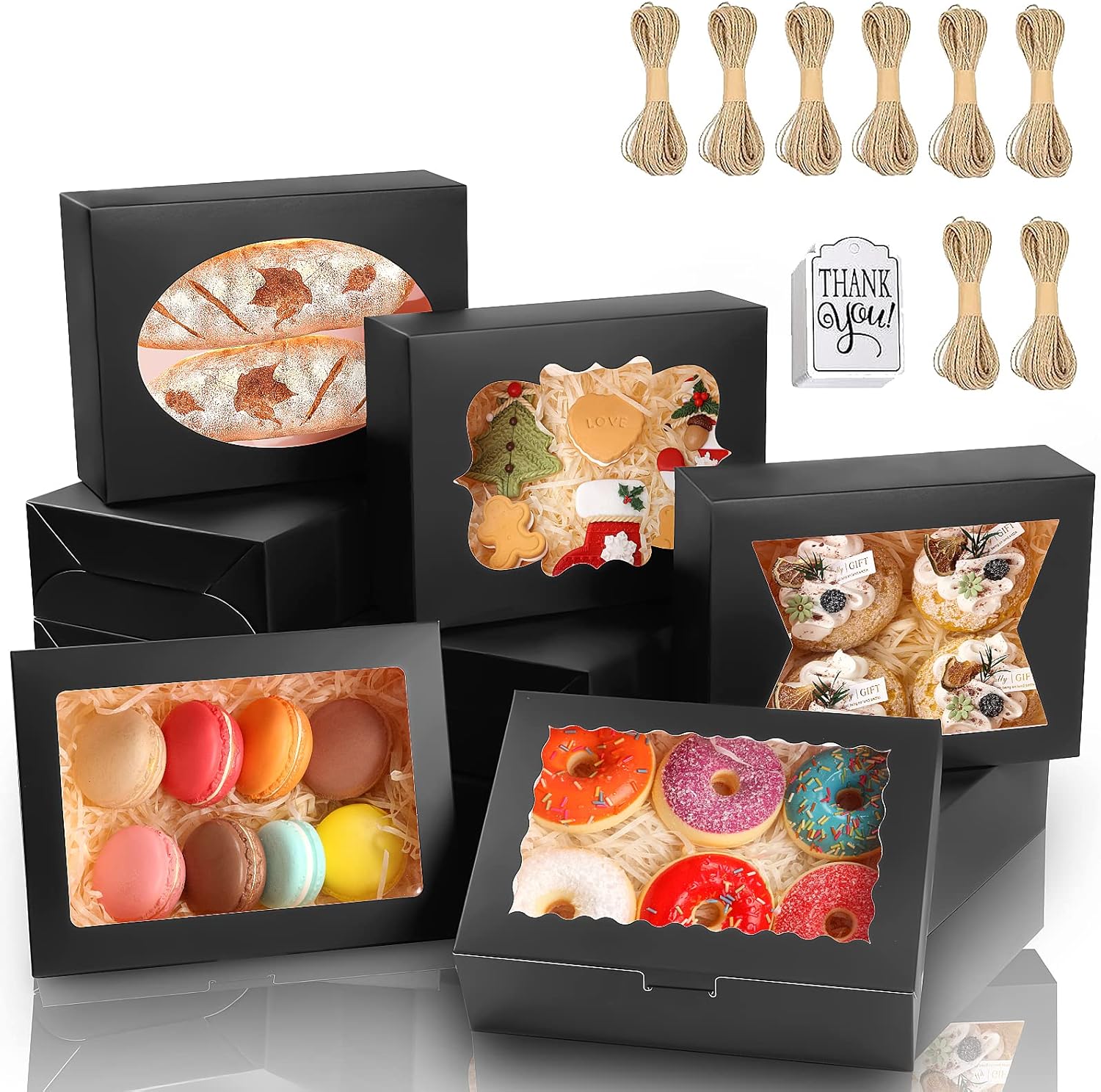 KPOSIYA 65 PCS 8x6x2.5 Inch Cookie Boxes with Window Black Bakery Boxes Pastry Boxes for Gift Giving, Treat, Dessert, Cupcakes, Chocolate, Strawberries, Donuts, Muffins (5 Style Windows)