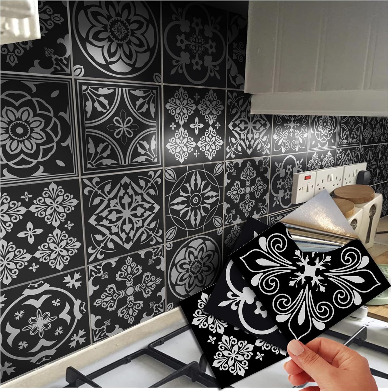 48 Black Tile Stickers Victorian Moroccan Mosaic Style Tile Stickers Transfers Cover for 6x6 15 x 15cm Tile Kitchen Bathroom Stick On Wall Peel and Stick Tile Decals