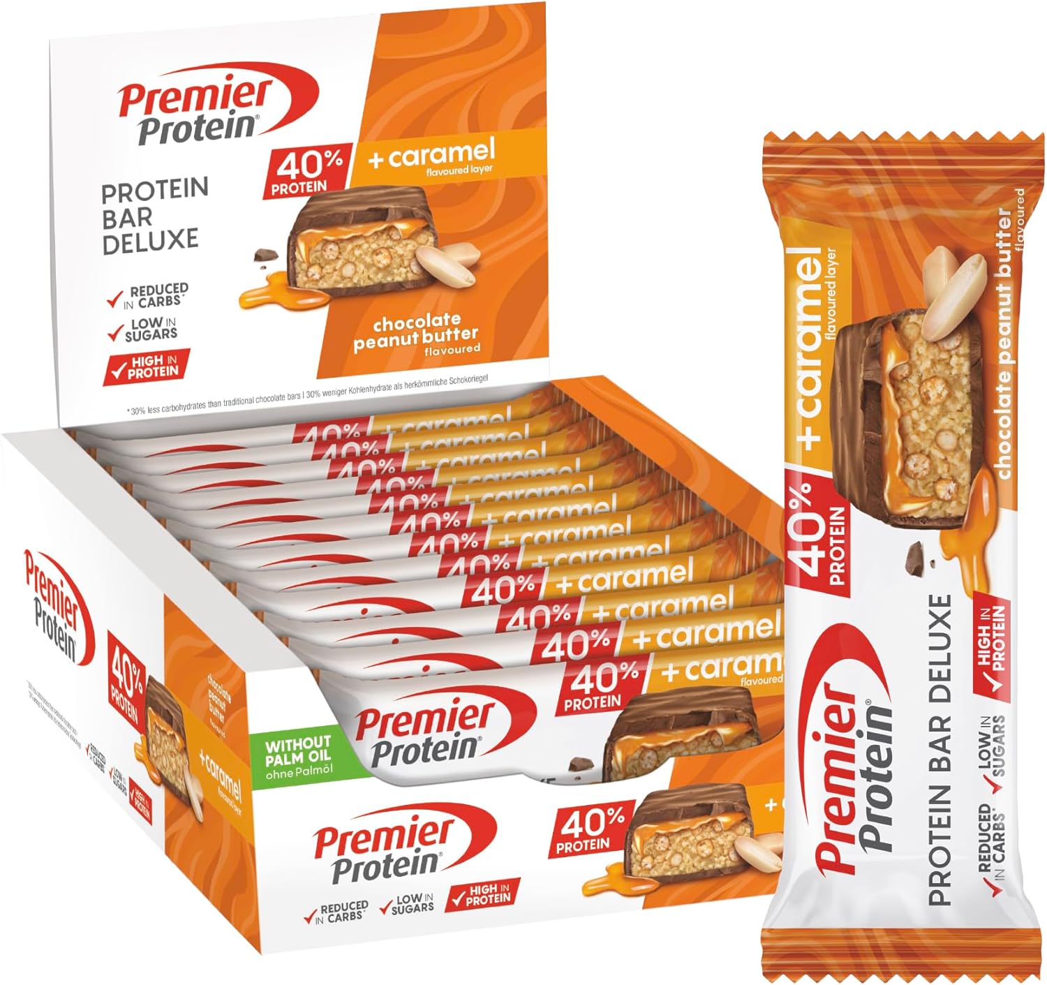 Premier Protein Bar Deluxe Chocolate Peanut Butter 12x50g - High Protein Low Sugar + Carbohydrate Reduced + Palm Oil Free