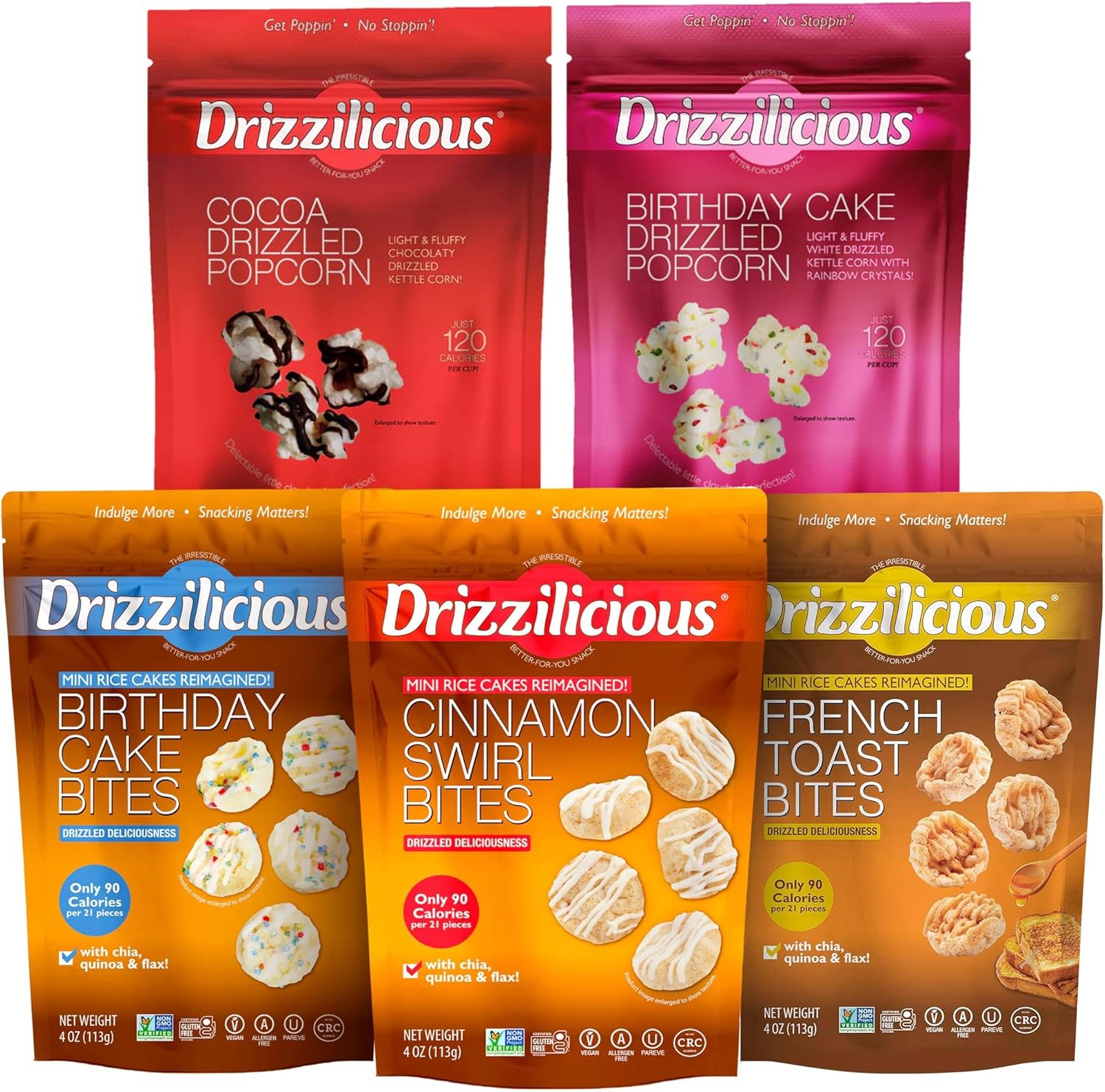 Drizzilicious Mini Rice Cake Bites & Popcorn Variety Mix | 102-113g Per Bag | Pack of 5 by Broadway Candy