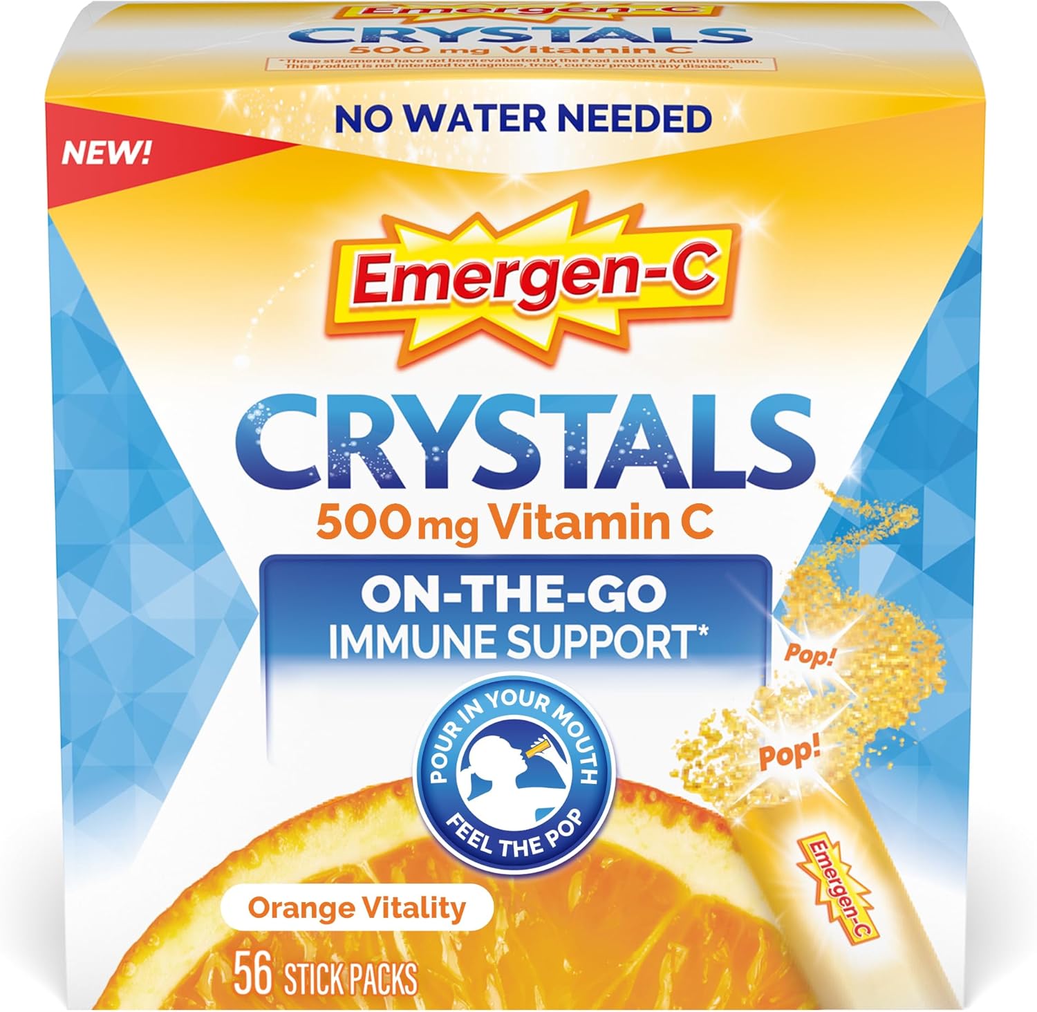 Emergen-C Crystals, On-the-Go Emergen-C Immune Support Supplement with Vitamin C, B Vitamins, Zinc and Manganese, Orange Vitality, Back to School Essentials - 56 Stick Packs