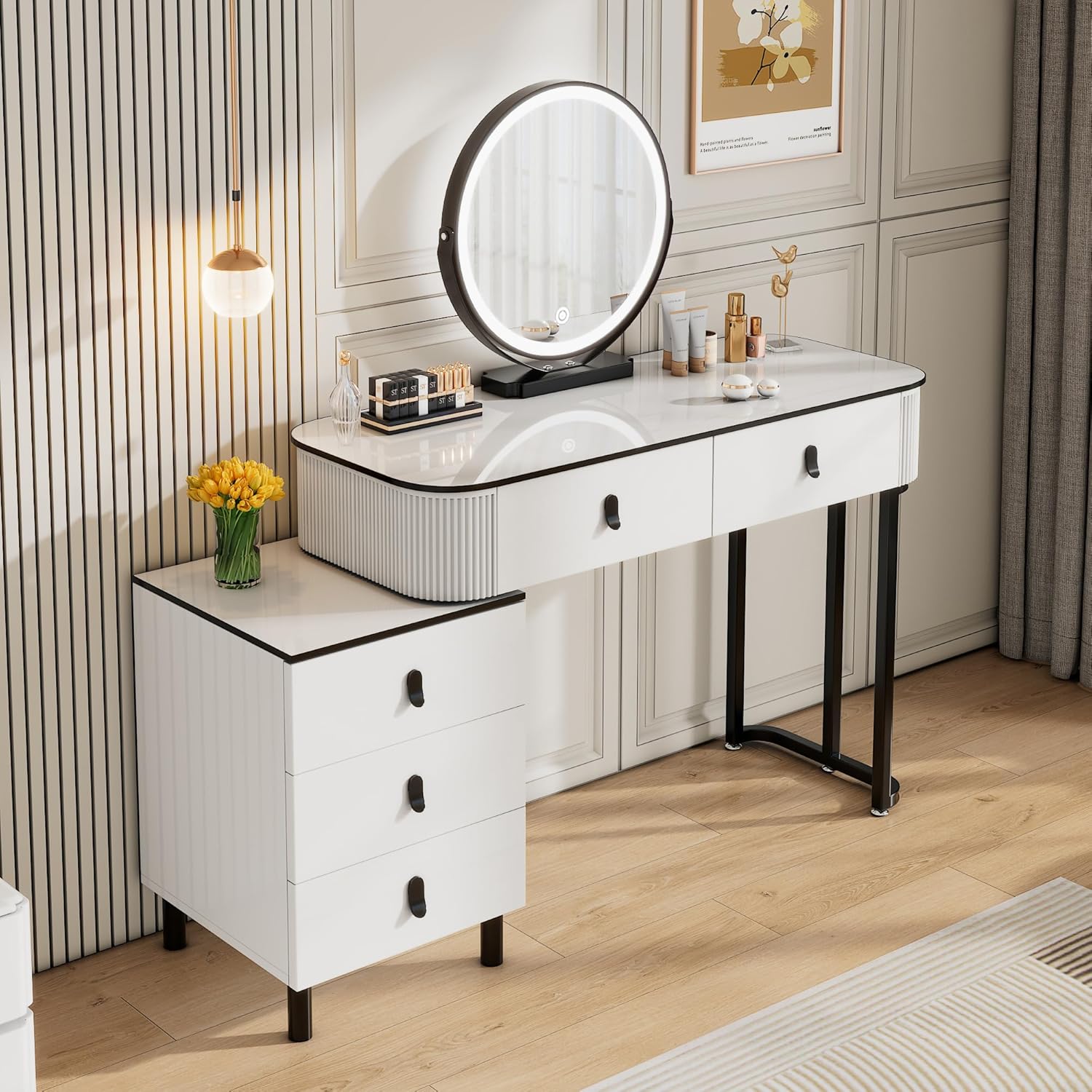 WOLTU Dressing Table, Vanity Desk, with Swivel Vanity Mirror, Makeup Table, with 5 Drawers, LED Lights 3-Colour Dimmable, Side Cabinet, 100x40cm Tabletop, White+Black
