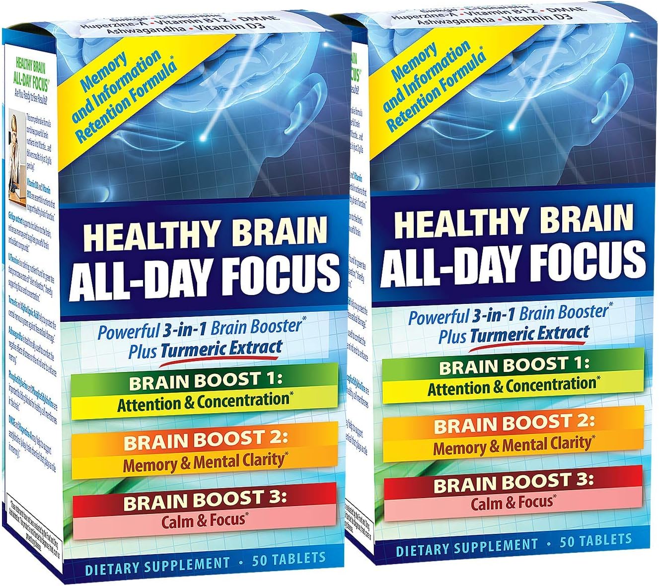 Applied Nutrition Healthy Brain All-Day Focus - 50 Tablets, Pack of 2 - Powerful 3-in-1 Brain Booster with Turmeric Extract - 50 Total Servings