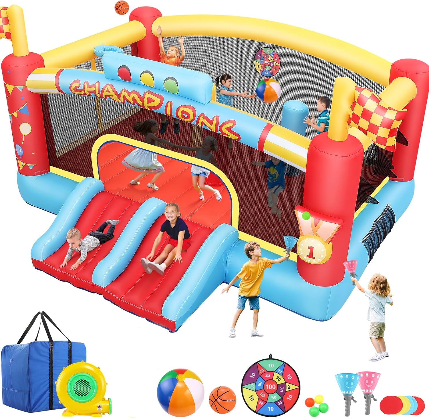 AKEYDIY Big Inflatable Bounce House for Big Kids, 13FT Outdoor Inflatable Bouncers with Blower, Double Basketball Hoop, Throw Ball Game, Punching Game, Jumping Bouncy Castle (Extra Large Bounce House)