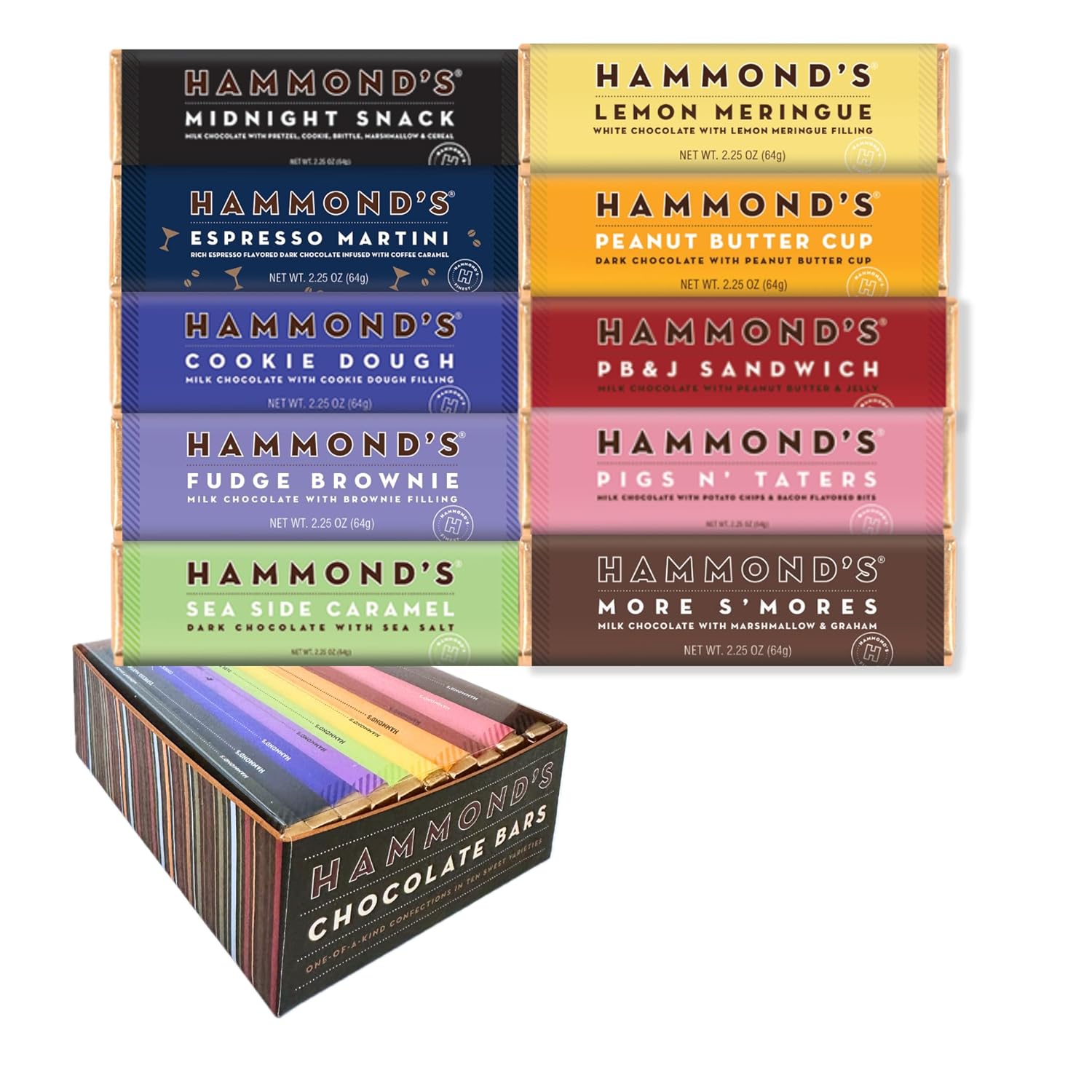 Hammond's Candies Gourmet Chocolate Candy Bars Gift Box, Variety Pack, 2.25 Oz (Pack of 10), 10 Flavors, Handmade in Small Batches in the USA