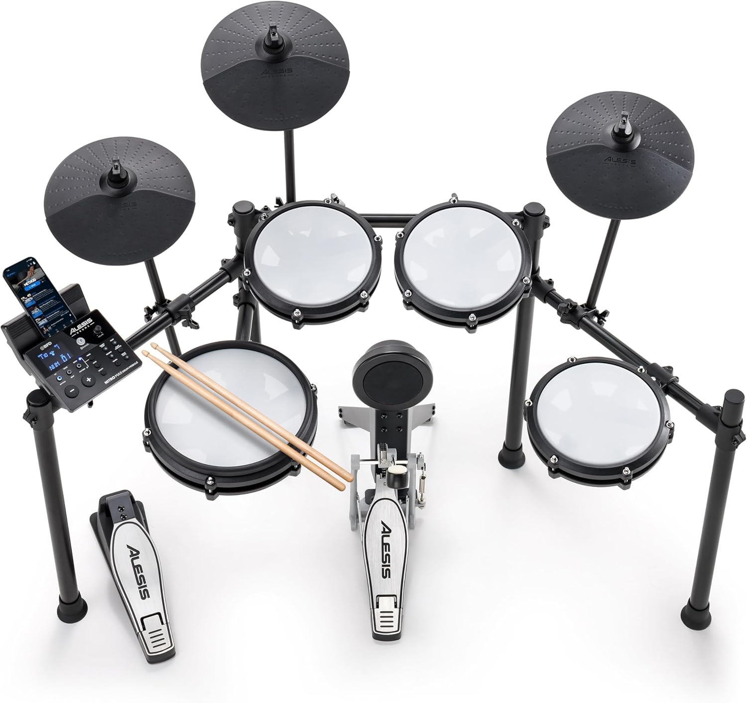 Alesis Nitro Max Kit Compact Electric Drum Kit with Quiet Mesh Pads, 10" Dual-Zone Snare, Bluetooth, 440+ BFD Sounds, Drumeo, USB MIDI, Kick Pedal