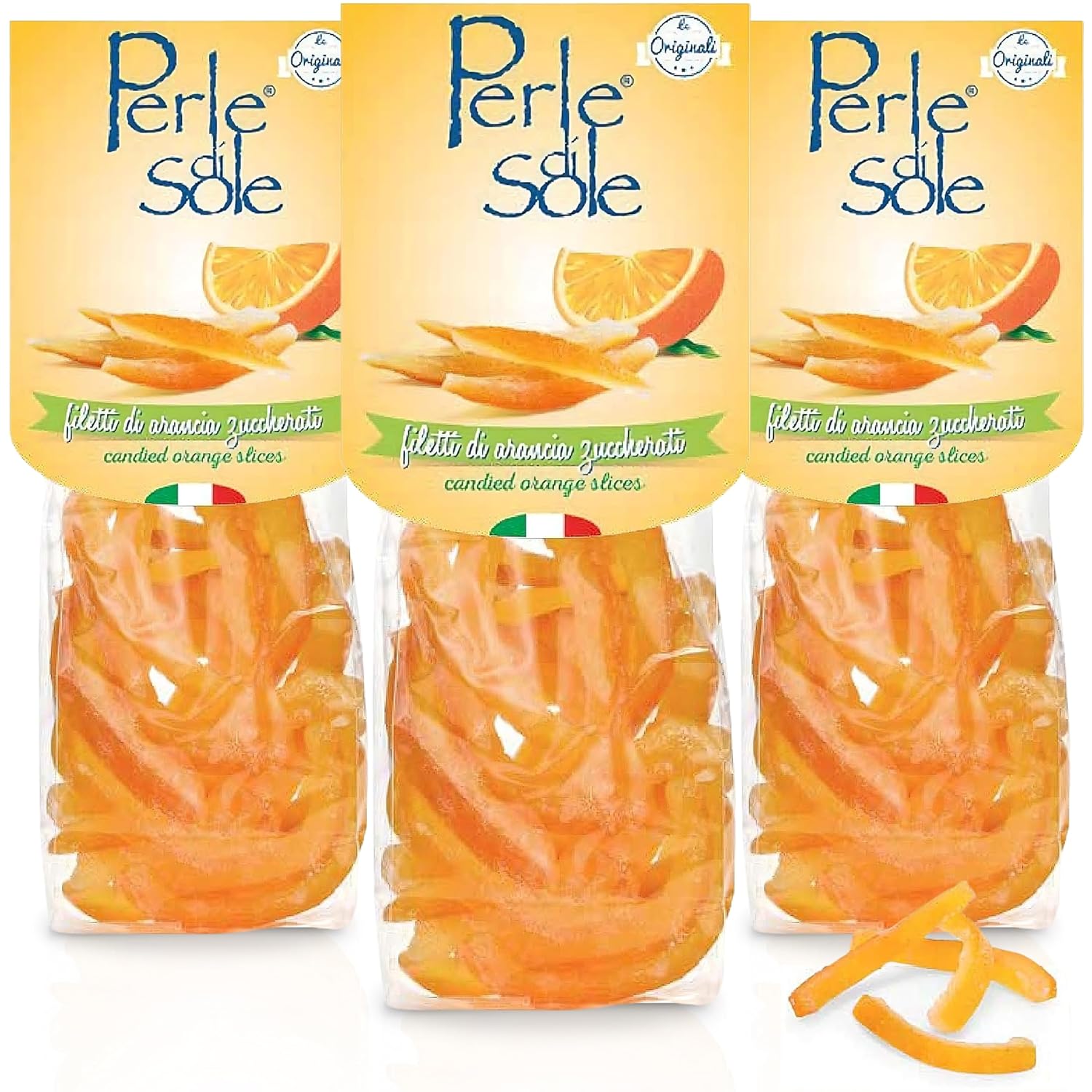 Perle di Sole Candied Orange Peels in Powdered Sugar - Made in Italy Orange Peel Slices - Pack of 3 (3.5 oz | 100 g)